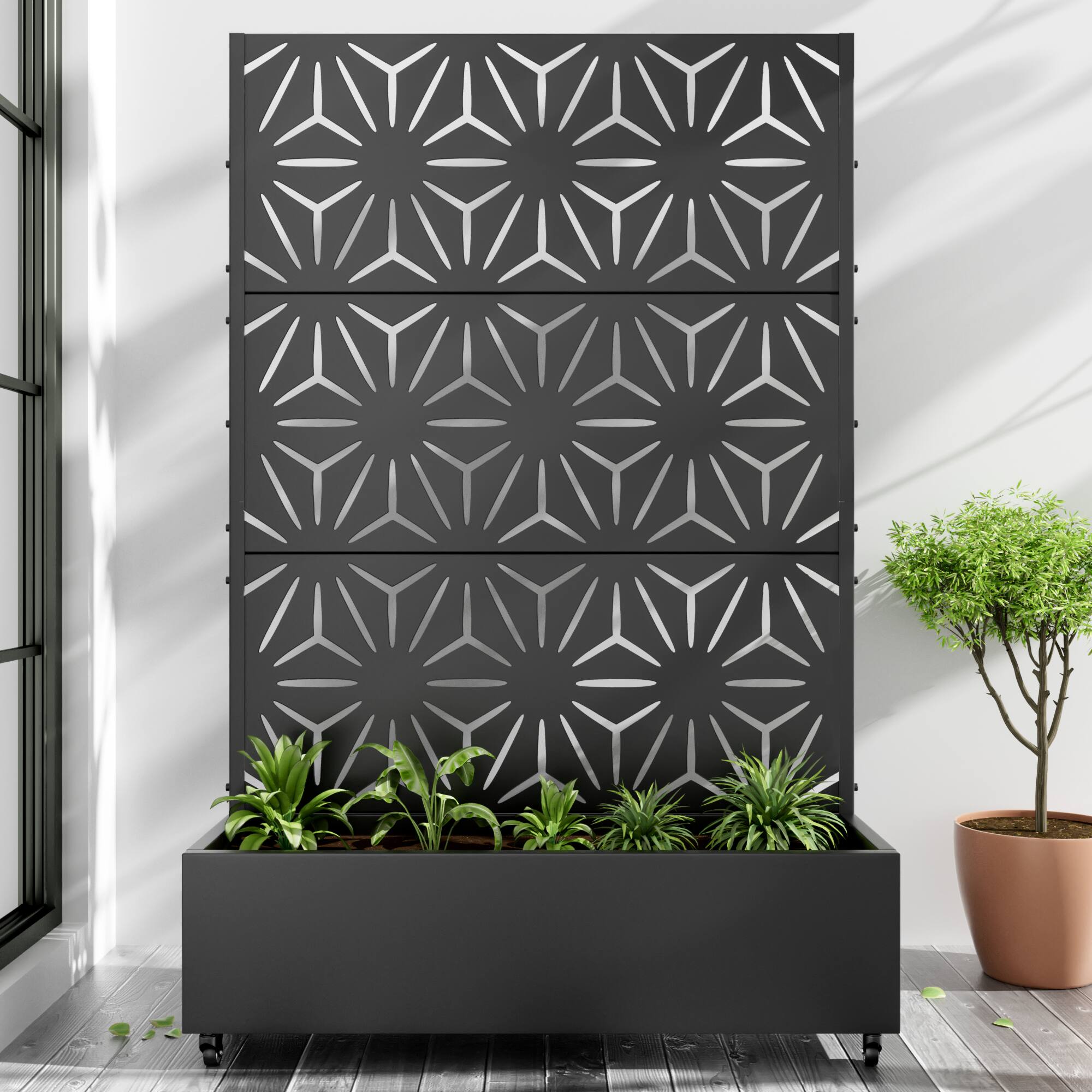 PexFix- 72 in. H x 47 in. W Star Pattern Rectangle Metal Planter Box Raised Garden Beds with Trellis-Ideal for Balcony- Black