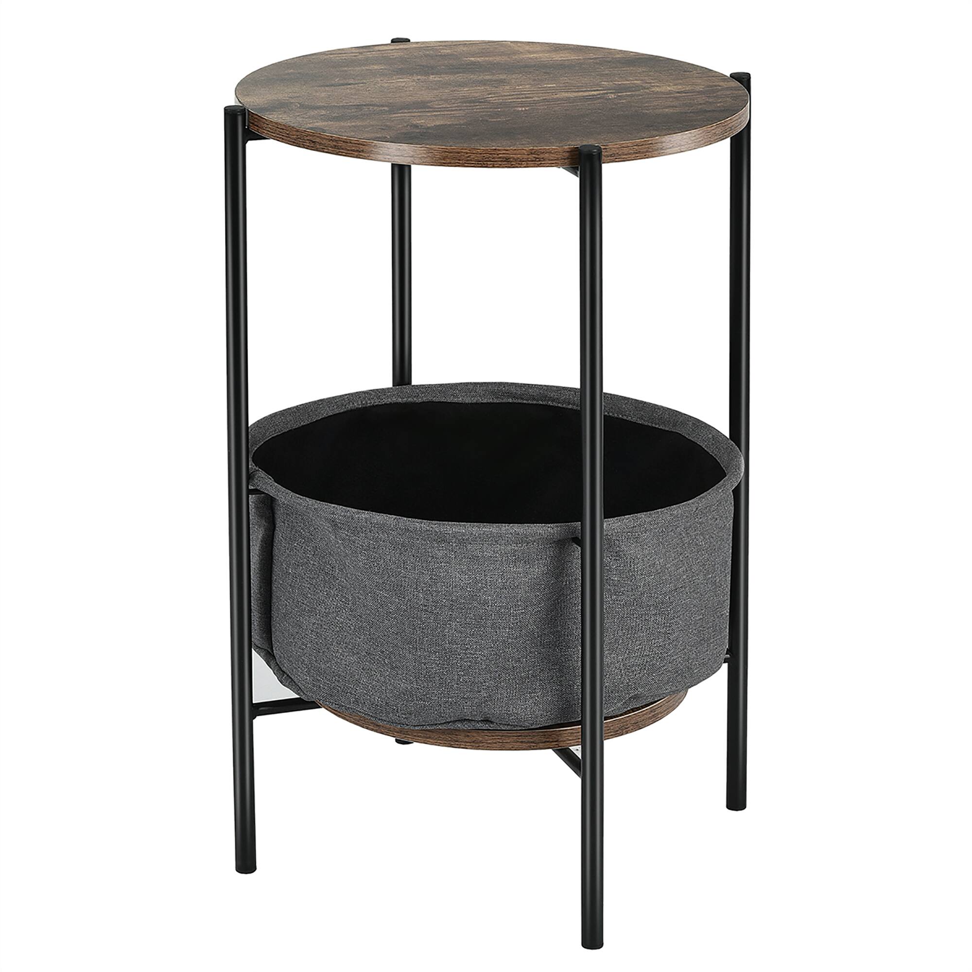Alt View 4. Costway - Industrial Round End Side Table Sofa Coffee Table w/ Storage Basket & Metal Frame - Grey,Brown.