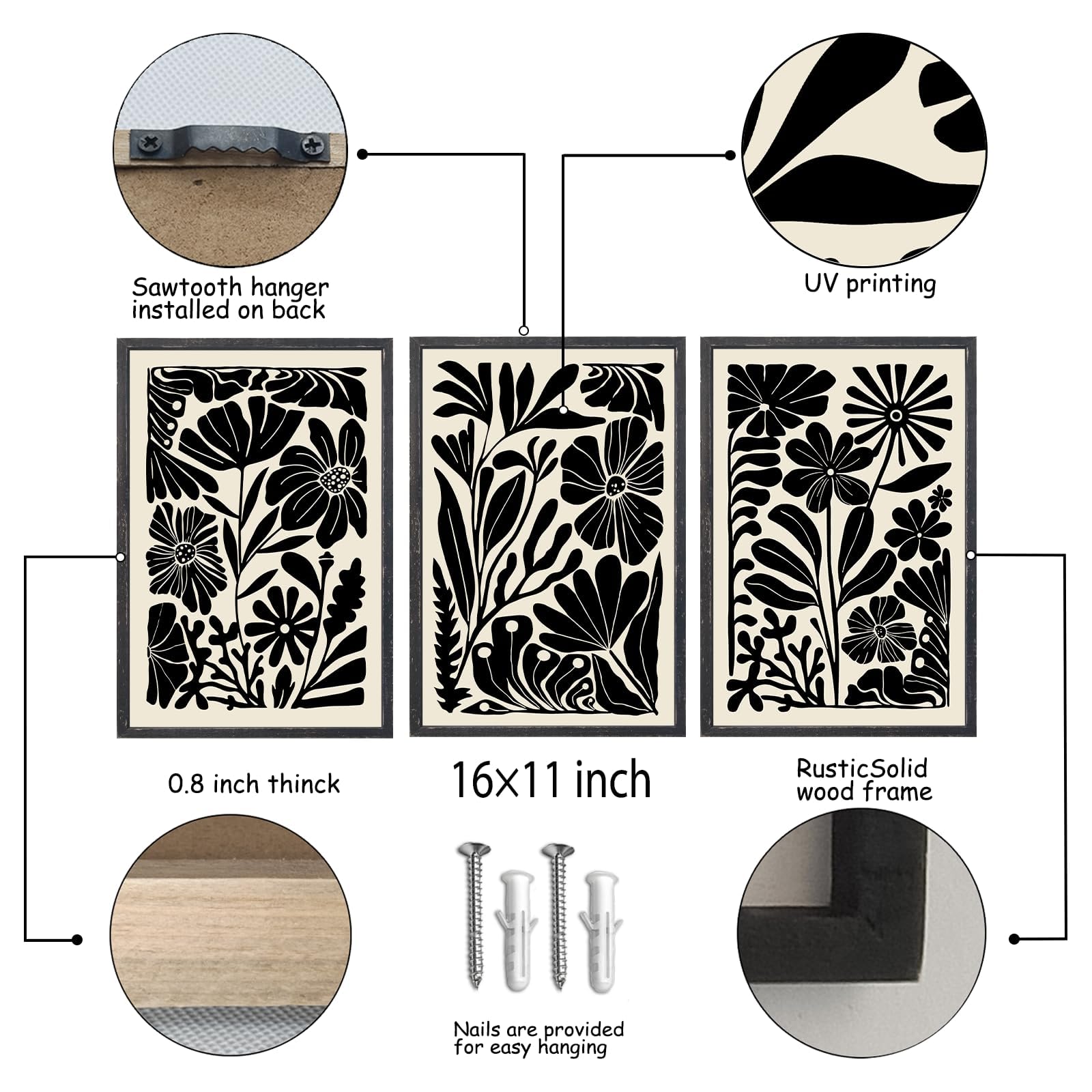 - Sawtooth hanger installed on back
- UV printing
- 0.8 inch thick
- 16x11 inch
- RusticSolid wood frame
- Nails are provided for easy hanging