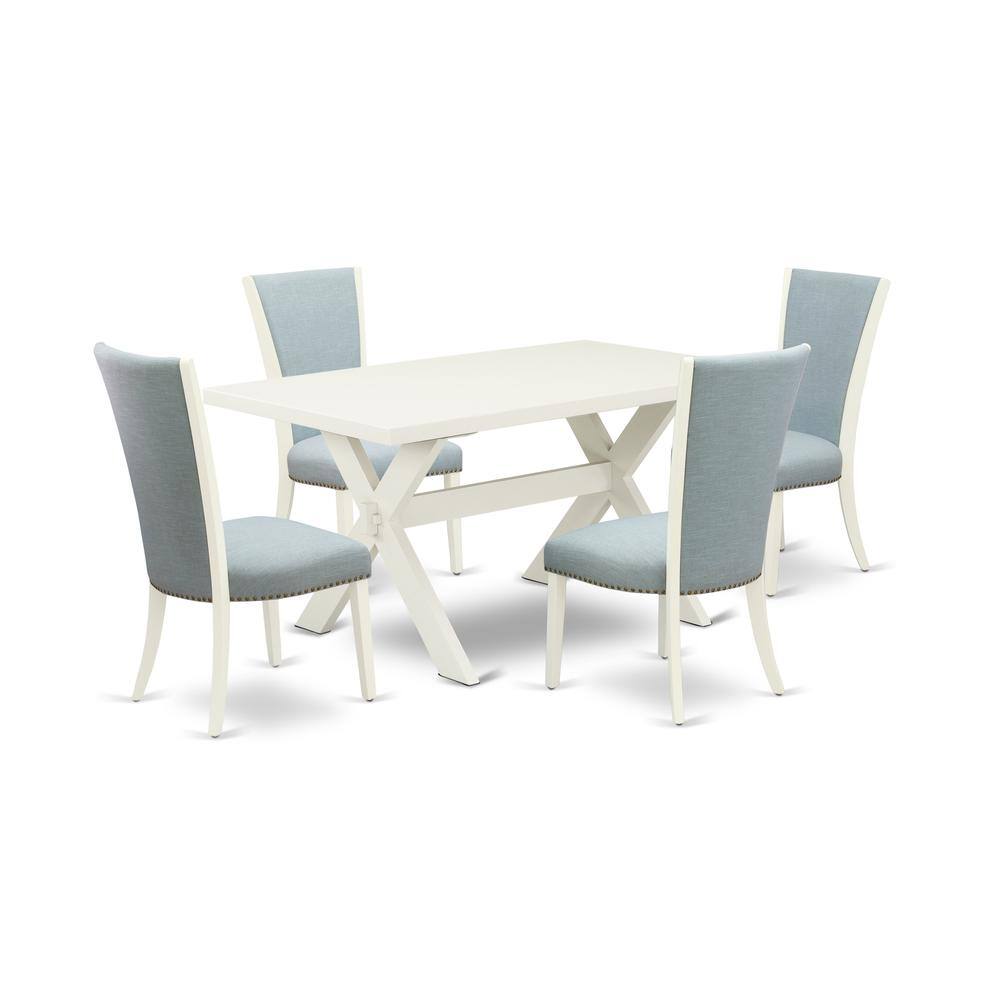 Left. East West Furniture - East West Furniture X026VE215-5 5 Piece Modern Dining Table Set - 4 Baby Blue Linen Fabric Parson Dining Chairs with - Multi-Color.