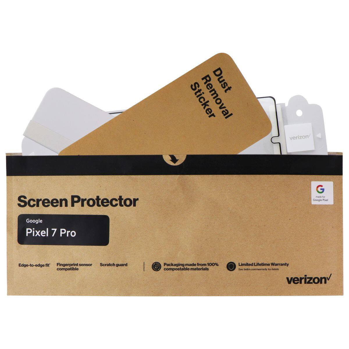 Dust Sticker Removal  
Verizon Screen Protector G  
Google Pixel 7 Pro  
Edge-to-edge fit  
Fingerprint sensor compatible  
Scratch guard  
Packaging made from 100% compostable materials  
Limited Lifetime Warranty  
verizon.com/womanity