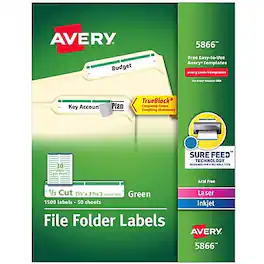 Avery - TrueBlock Laser/Inkjet File Folder Labels, 2/3" x 3-7/16", White/ 1,500 Labels/Pack (5866) - Green