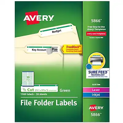 AVERY
5866"
Budget Free Easy-to-Use Avery Templates
avery.com/templates
Key Account Plan
TrueBlock™ Completely Covers Everything Underneath
30 Labels per sheet
1/3 Cut (1" x 3")
Acid Free
Green
1500 labels - 50 sheets
File Folder Labels
SURE FEED TECHNOLOGY
Laser Inkjet
AVERY
5866"