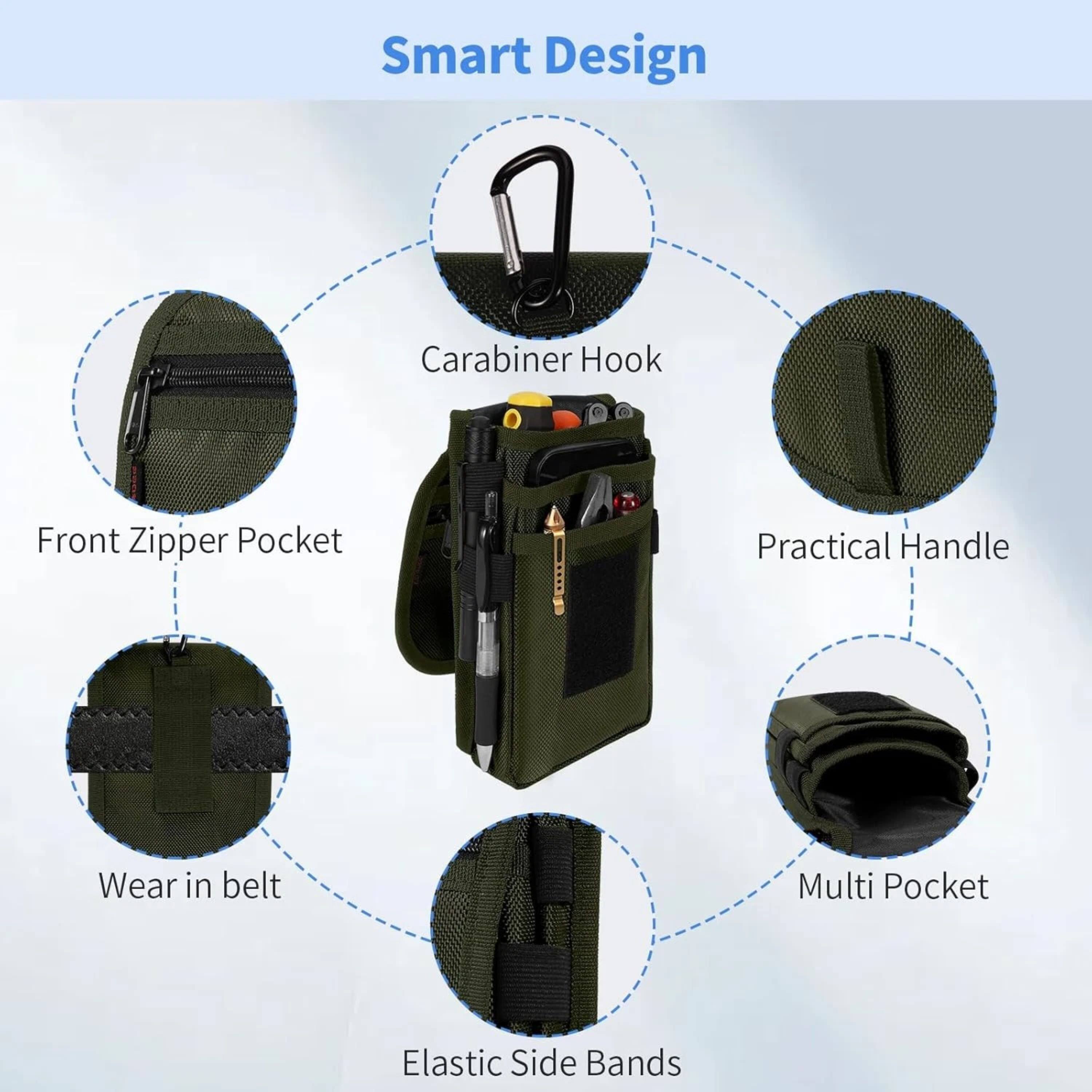 Smart Design Carabiner Hook Front Zipper Pocket Practical Handle Wear in belt Multi Pocket Elastic Side Bands