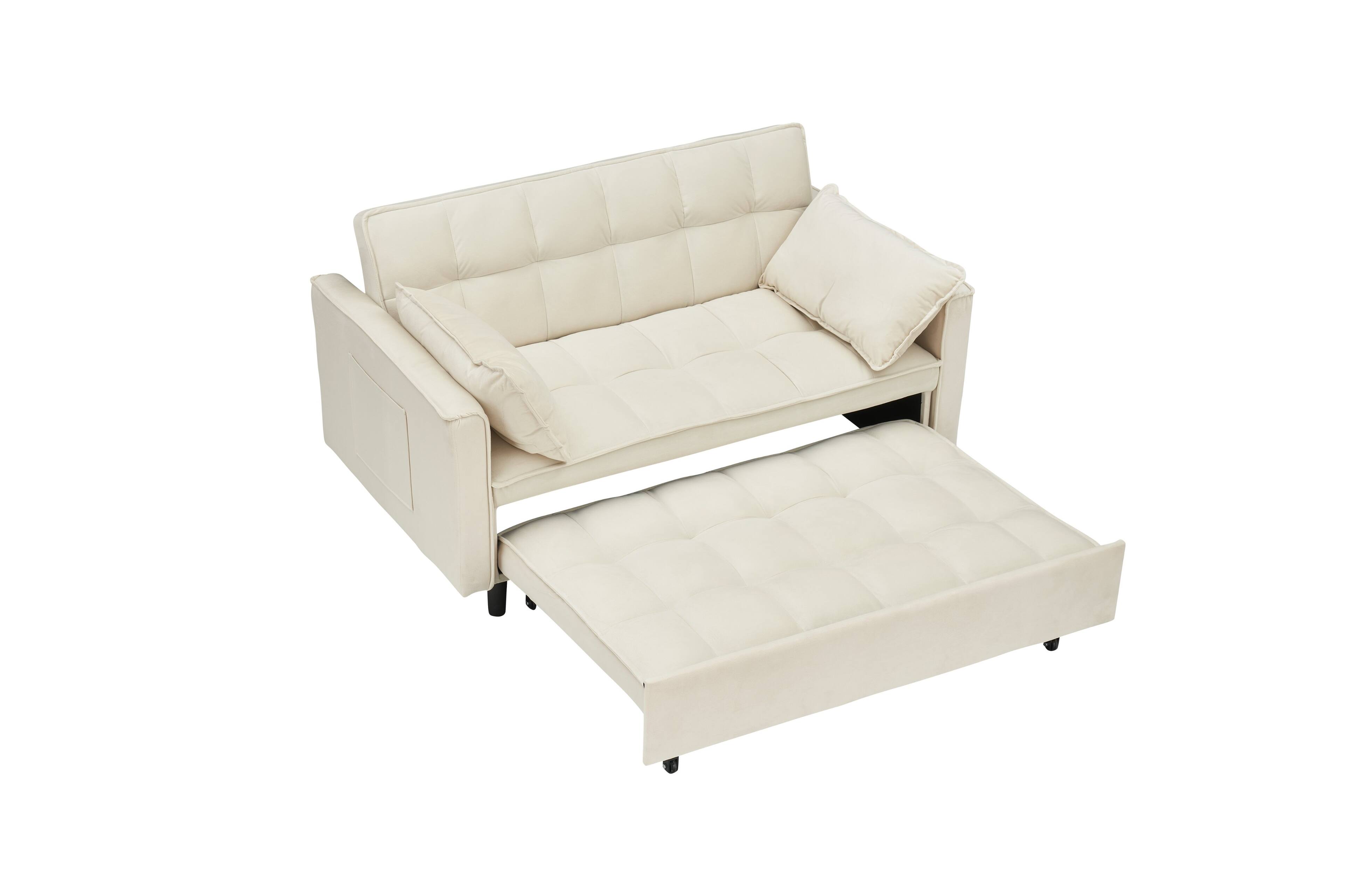 Alt View 1. GOODSILO - Elegant 55-Inch Velvet Sofa Bed with Storage Pockets - Three-in-One Convertible Design - Beige.