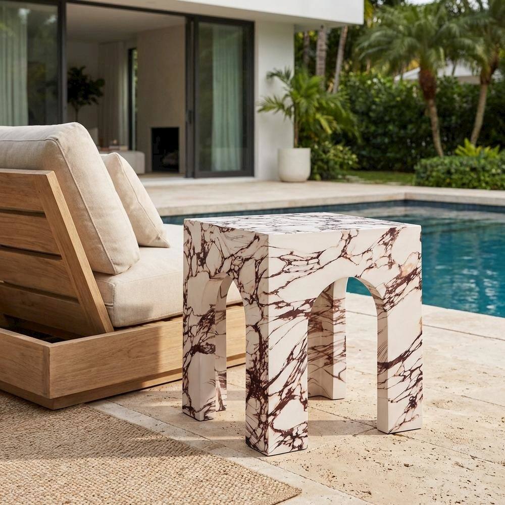 Left. Outdoor Escape - Outdoor patio arched concrete side table with sturdy design for outdoor living - Red.