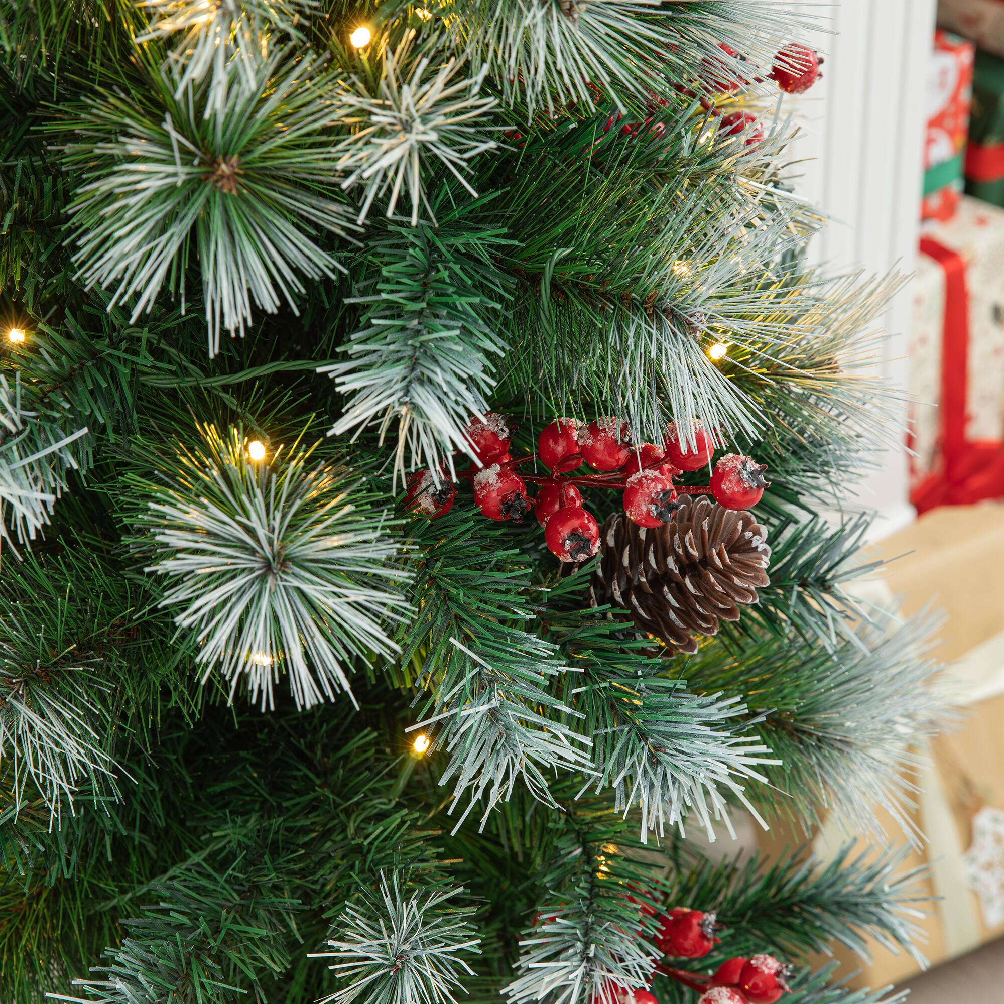 Alt View 6. Glitzhome - Set of Two 4ft Flocked Christmas Tree With 100 Warm White Light, Pinecone and Berries - White.