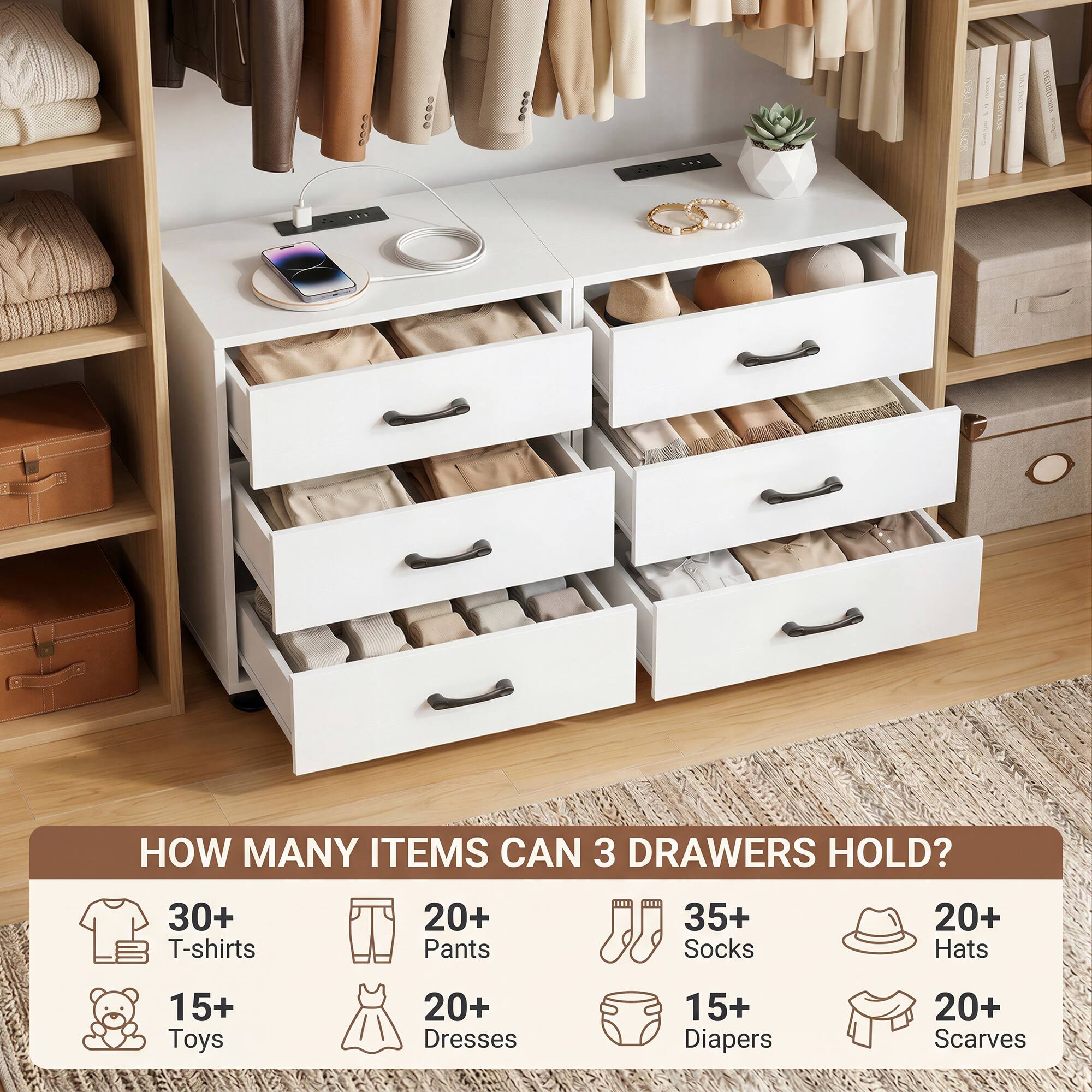 HOW MANY ITEMS CAN 3 DRAWERS HOLD?

- 30+ T-shirts
- 20+ Pants
- 35+ Socks
- 20+ Hats
- 15+ Toys
- 20+ Dresses
- 15+ Diapers
- 20+ Scarves