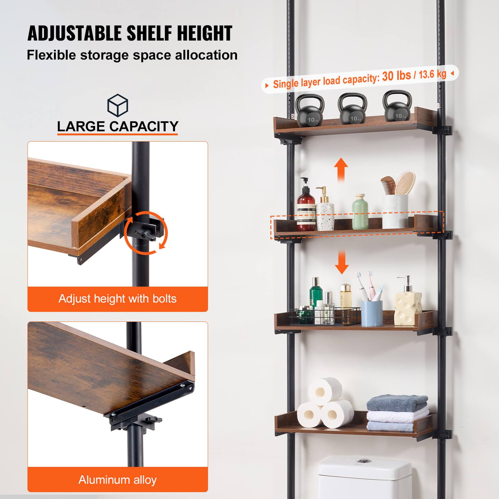 ADJUSTABLE SHELF HEIGHT  
Flexible storage space allocation  

LARGE CAPACITY  
Adjust height with bolts  

Single layer load capacity: 30 lbs / 13.6 kg  

Aluminum alloy