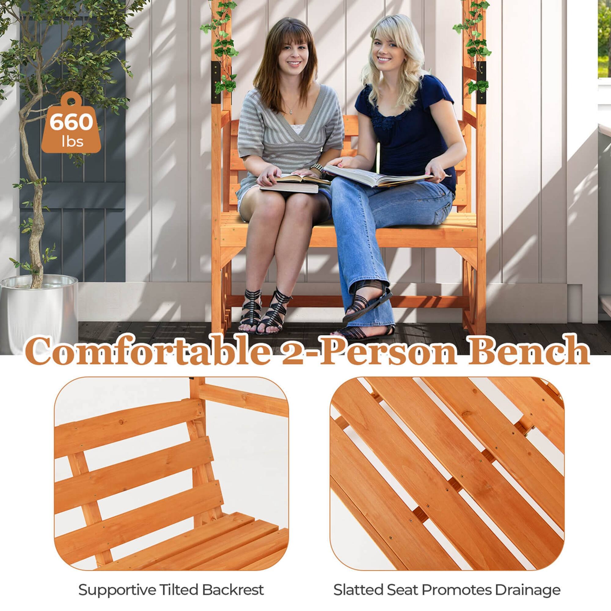 The text on the image reads: "660 lbs Comfortable 2-Person Bench Supportive Tilted Backrest Slatted Seat Promotes Drainage."