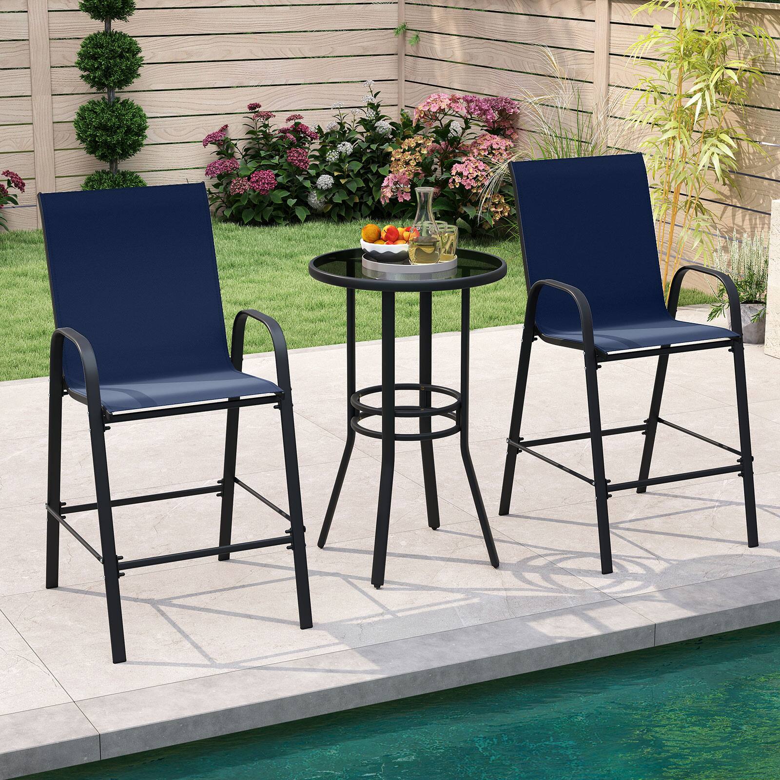 Alt View 9. Gymax - Gymax 4PCS Outdoor Bar Stools 29'' Fabric Bar Height Stools w/ Armrests & Footrest Navy - Navy.