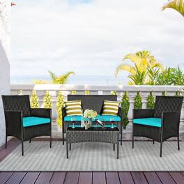 Costway - 4PCS Patio Rattan Furniture Set Cushioned Sofa Coffee Table Backyard - Turquoise