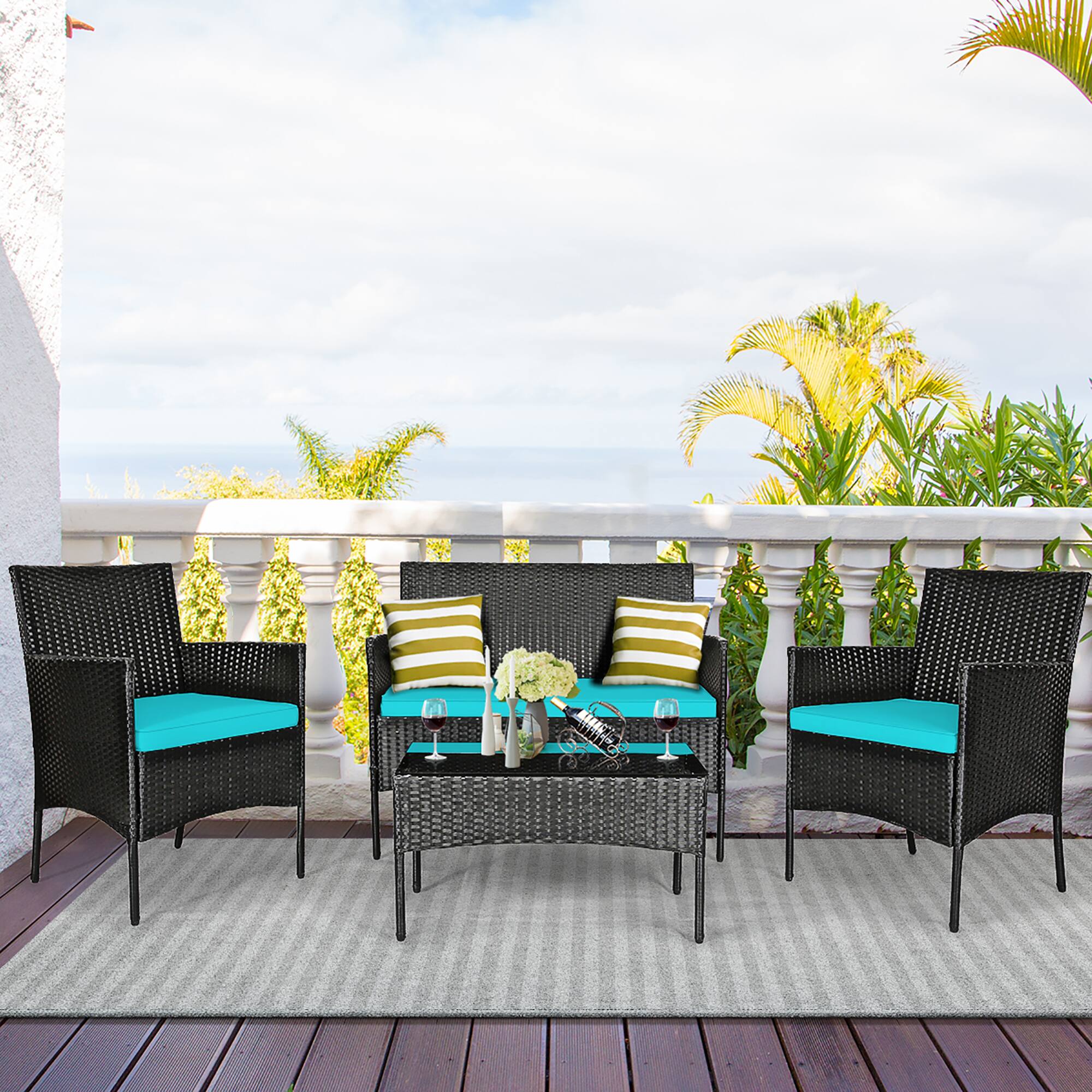 Alt View 1. Costway - Costway 4PCS Patio Rattan Furniture Set Cushioned Sofa Coffee Table Backyard - Turquoise.