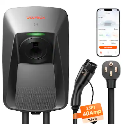 **Charging WOLFBOX**
- Charging Power: 9.6kW
- Voltage: 240.3V
- Current: 40.1A
- Temperature: 104°F
- Energy Increase: 3.2kWh
- Mileage Increase: 13.1 miles
- Charging Duration: 0h:20m
- End Charging
**Charging Cable**
- 25FT
- 40Amp
- 9.6kW