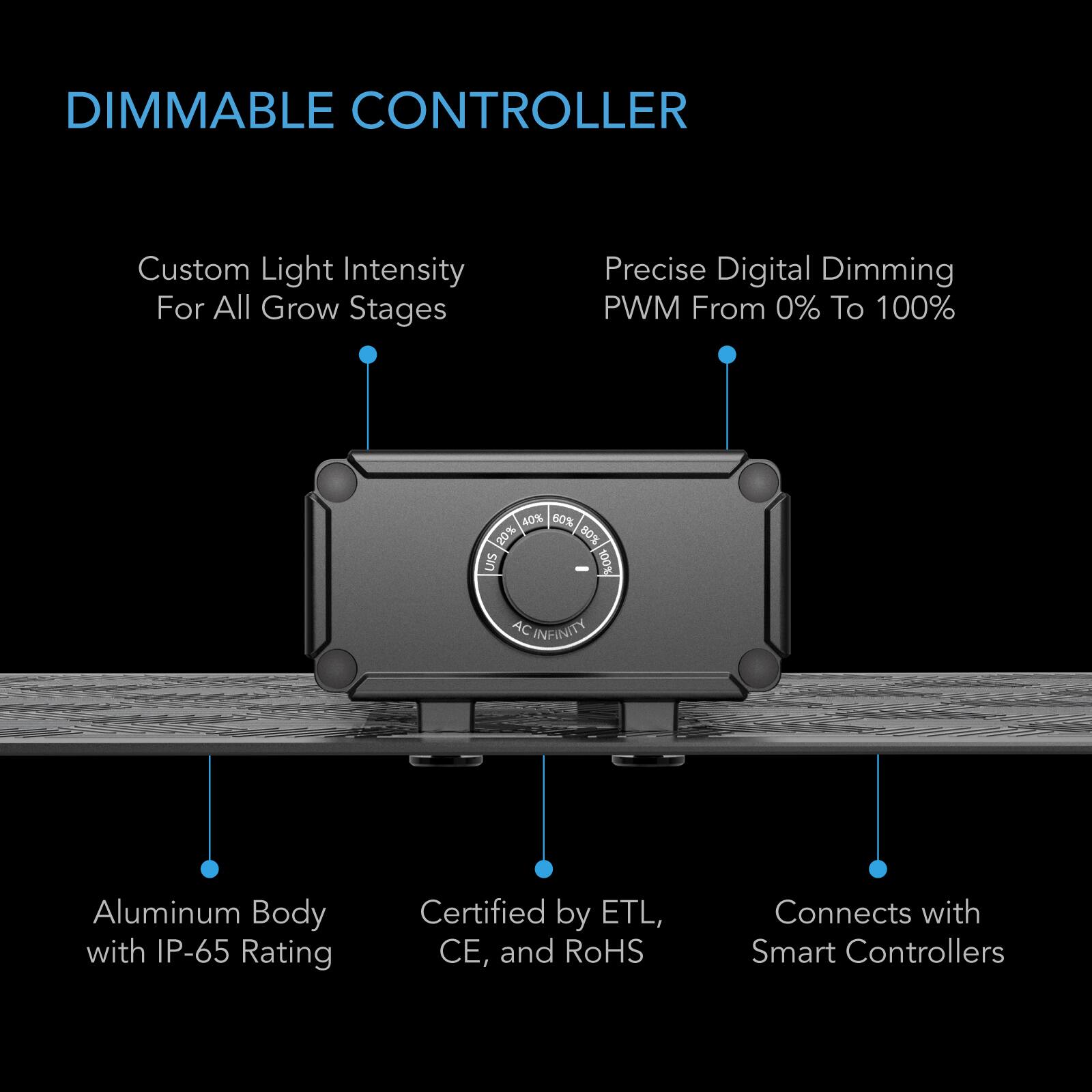 DIMMABLE CONTROLLER

Custom Light Intensity For All Grow Stages

Precise Digital Dimming PWM From 0% To 100%

Aluminum Body with IP-65 Rating

Certified by ETL, CE, and RoHS

Connects with Smart Controllers