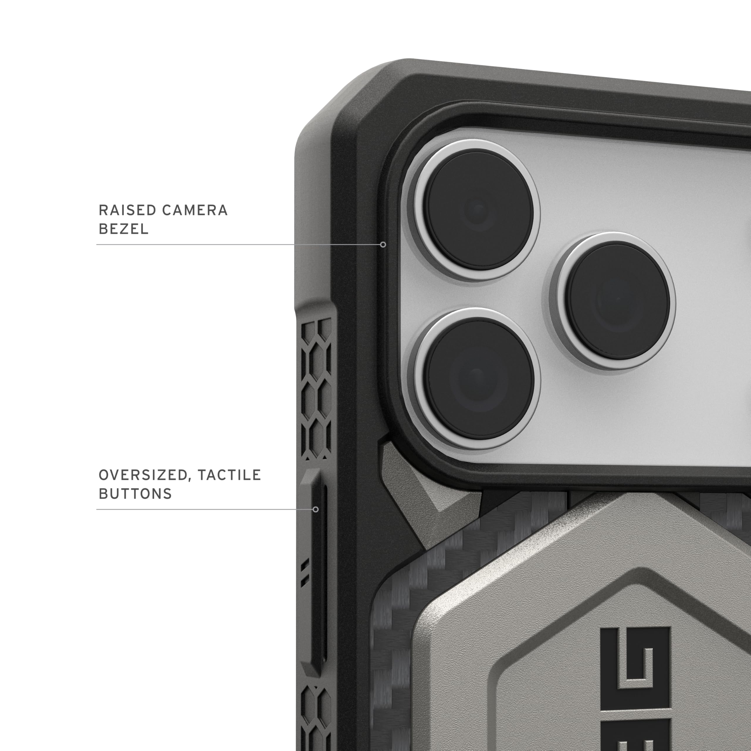 RAISED CAMERA BEZEL  
OVERSIZED, TACTILE BUTTONS