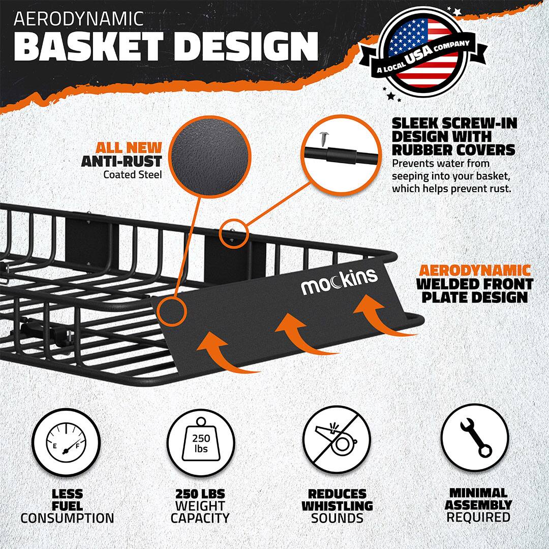 AERODYNAMIC BASKET DESIGN

- A LOCAL USA COMPANY
- ALL NEW ANTI-RUST Coated Steel
- SLEEK SCREW-IN DESIGN WITH RUBBER COVERS (Prevents water from seeping into your basket, which helps prevent rust)
- AERODYNAMIC WELDED FRONT PLATE DESIGN
- LESS FUEL CONSUMPTION
- 250 LBS WEIGHT CAPACITY
- REDUCES WHISTLING SOUNDS
- MINIMAL ASSEMBLY REQUIRED