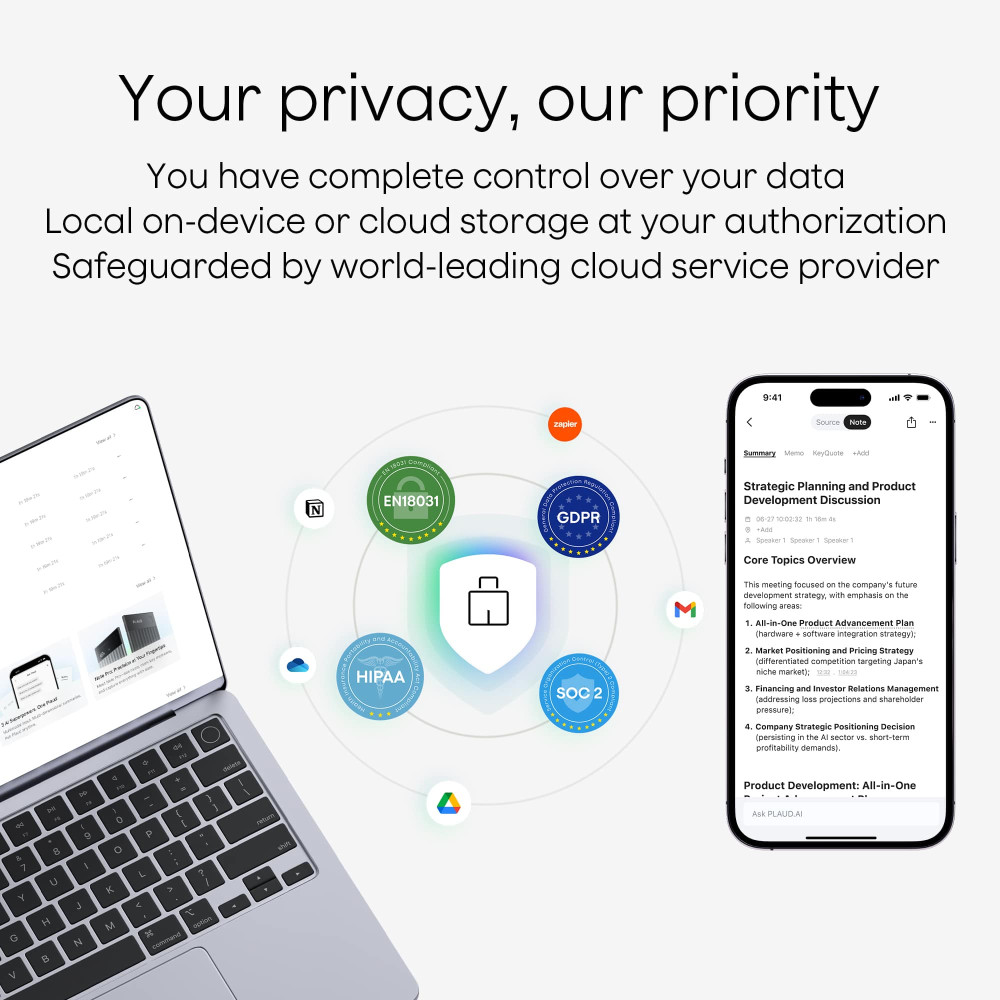 Your privacy, our priority
You have complete control over your data
Local on-device or cloud storage at your authorization
Safeguarded by world-leading cloud service provider
---
Strategic Planning and Product Development Discussion
08-29 09:41
Speaker: Speaker 1
Core Topics Overview
This meeting focused on the company's future strategy, with emphasis on the following areas:
1. All-in-One Product Advancement Plan (hardware-software integration strategy)
2. Market Positioning and Pricing Strategy (differentiated competition targeting Japan's niche market)
3. Financing and Investor Relations Management (addressing loss projections and shareholder pressure)
4. Company Strategic Positioning Decision (persisting in the AI sector vs. short-term profitability demands)
Product Development: All-in-One
---
EN18031
GDPR
HIPAA
SOC2