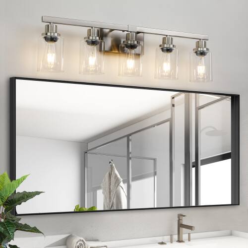 Alt View 1. LUCKY ONE - 31in Wall Mount Vanity Light, 5-Light Brushed Nickel Sconce with Clear Glass Shades - Chrome.