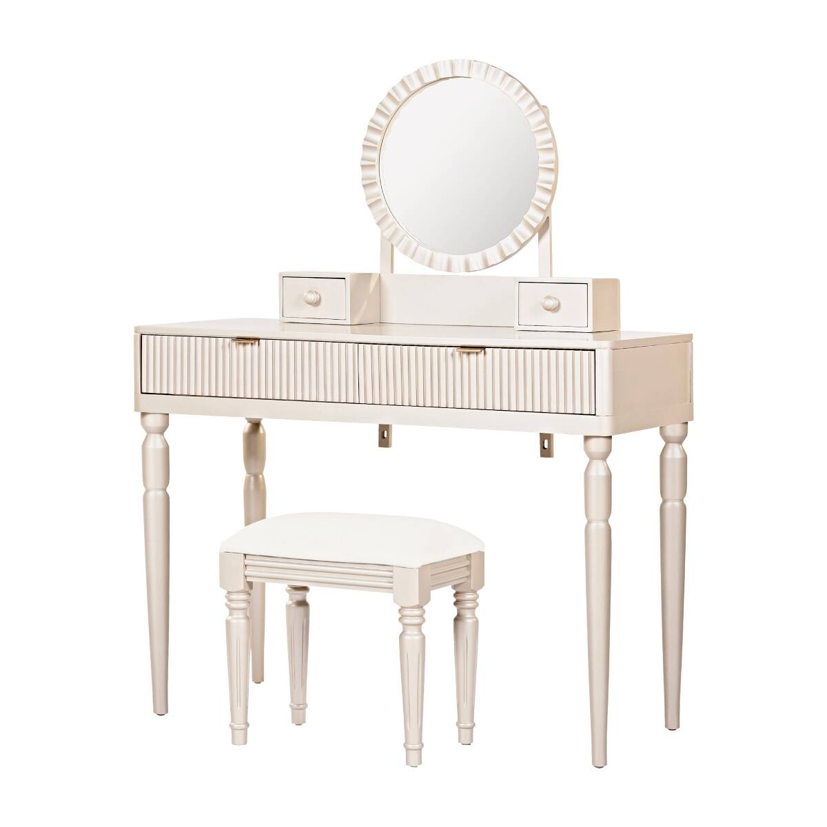 Angle. Loheer - Loheer Makeup Vanity Table with Round Mirror, Champagne, Four Drawers and Stool - Champagne.