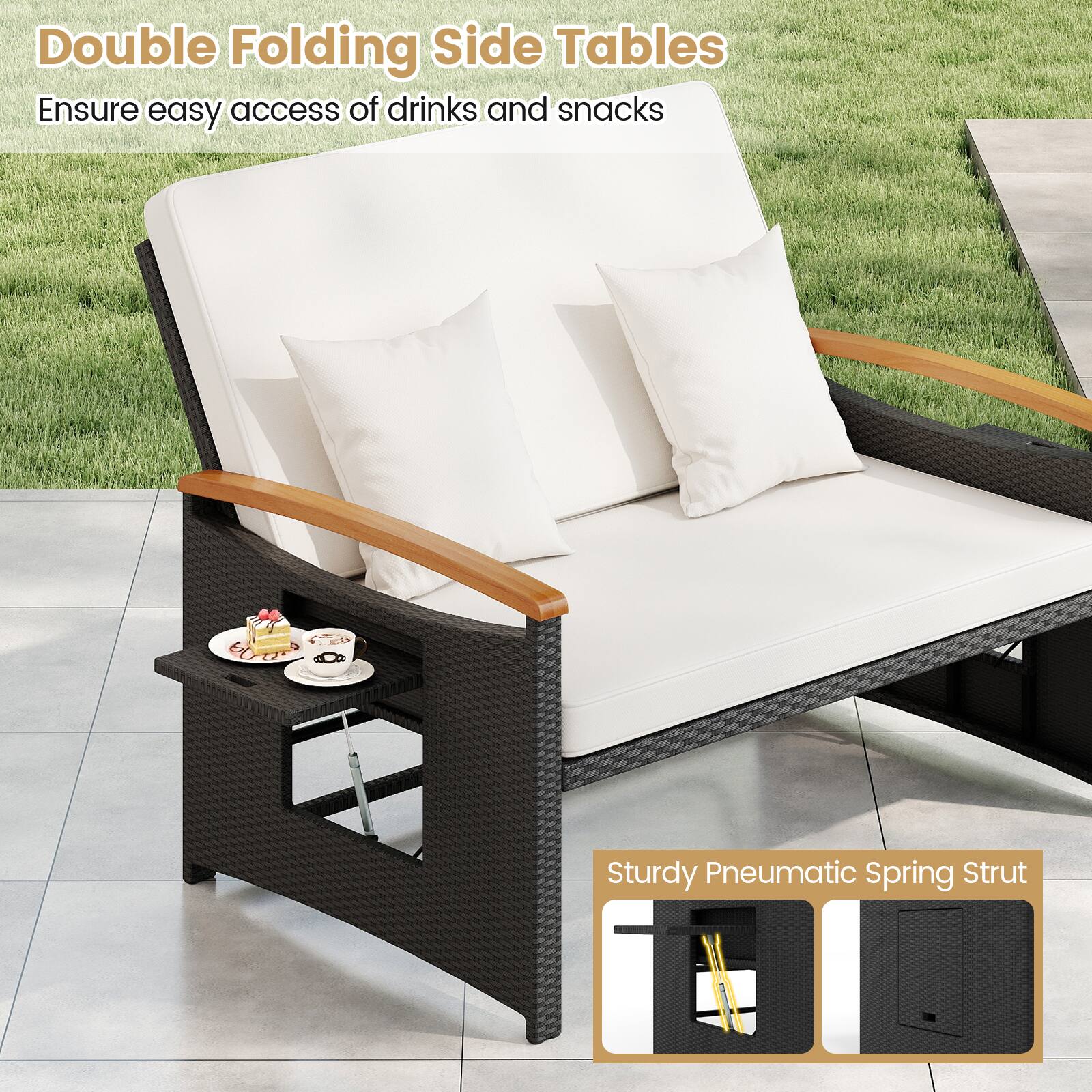 Double Folding Side Tables  
Ensure easy access of drinks and snacks  

Sturdy Pneumatic Spring Strut