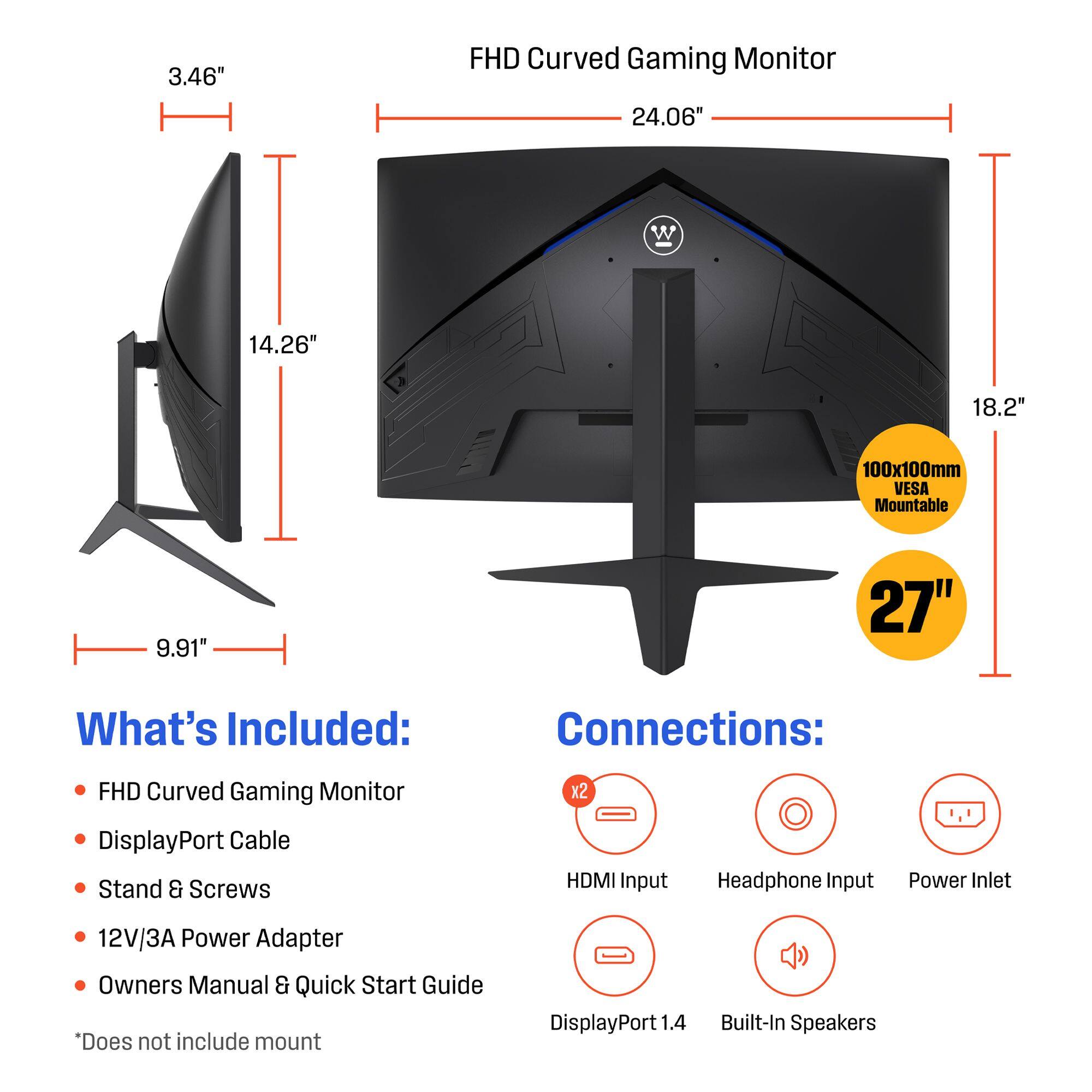The text on the image is already grouped and correctly written. It describes the features and specifications of a curved gaming monitor, including its size, resolution, connectivity options, and additional accessories. The text also mentions that the monitor comes with a displayport cable, stand and screws, HDMI input, headphone input, power inlet, and a power adapter. Additionally, the monitor has built-in speakers and comes with an owners manual and quick start guide.