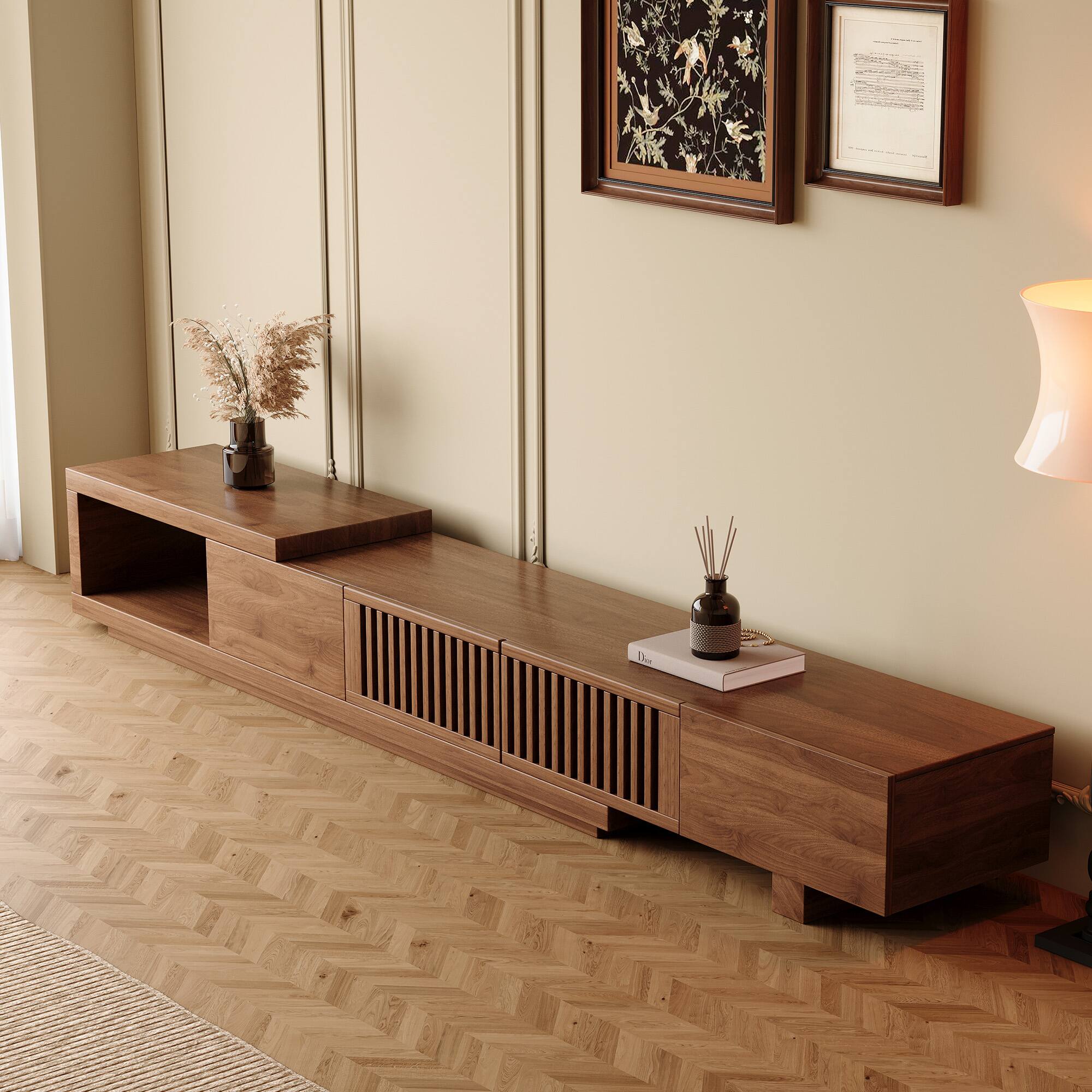 Alt View 2. luck idea - Extendable 78.54" Media Console - TV Stand & Entertainment Center with Spacious Storage - Walnut color.