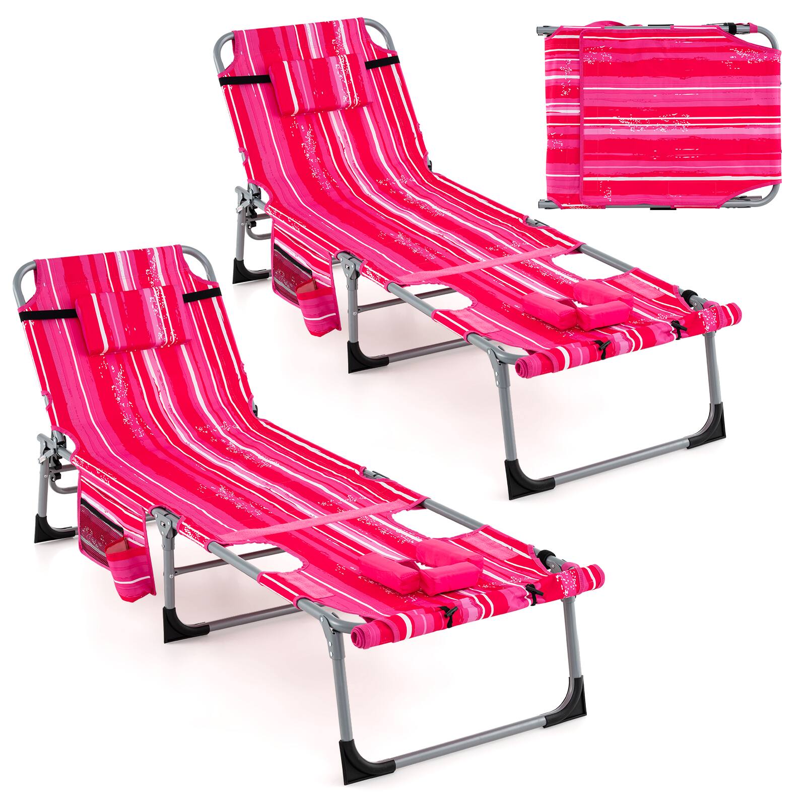 Alt View 9. Gymax - Gymax Outdoor Folding Chaise 5-Position Lounge Chair w/ Face Hole & Adjustable Footrest Striped Pink - Striped Pink.