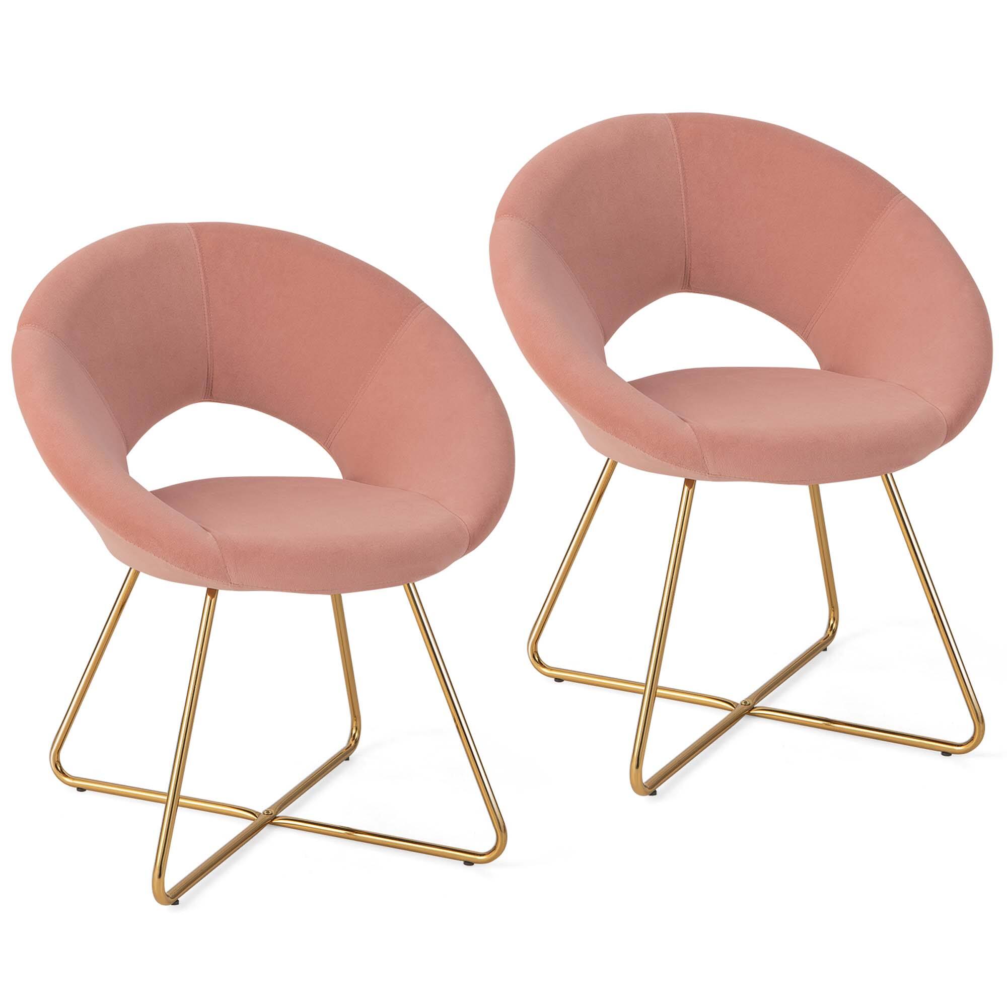 Front. Costway - Set of 2 Modern Velvet Accent Chair Upholstered Vanity Leisure Chair Metal Legs - Pink and Golden.