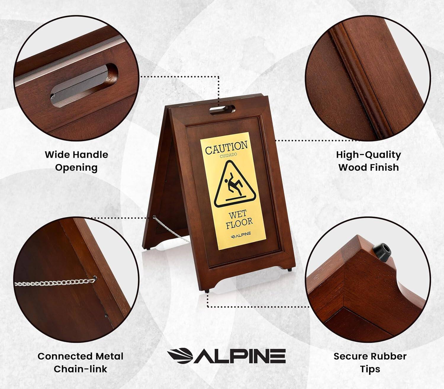 Wide Handle Opening, CAUTION CUIDADO, High-Quality Wood Finish, WET FLOOR, ALPINE, Connected Metal Chain-link, Secure Rubber Tips