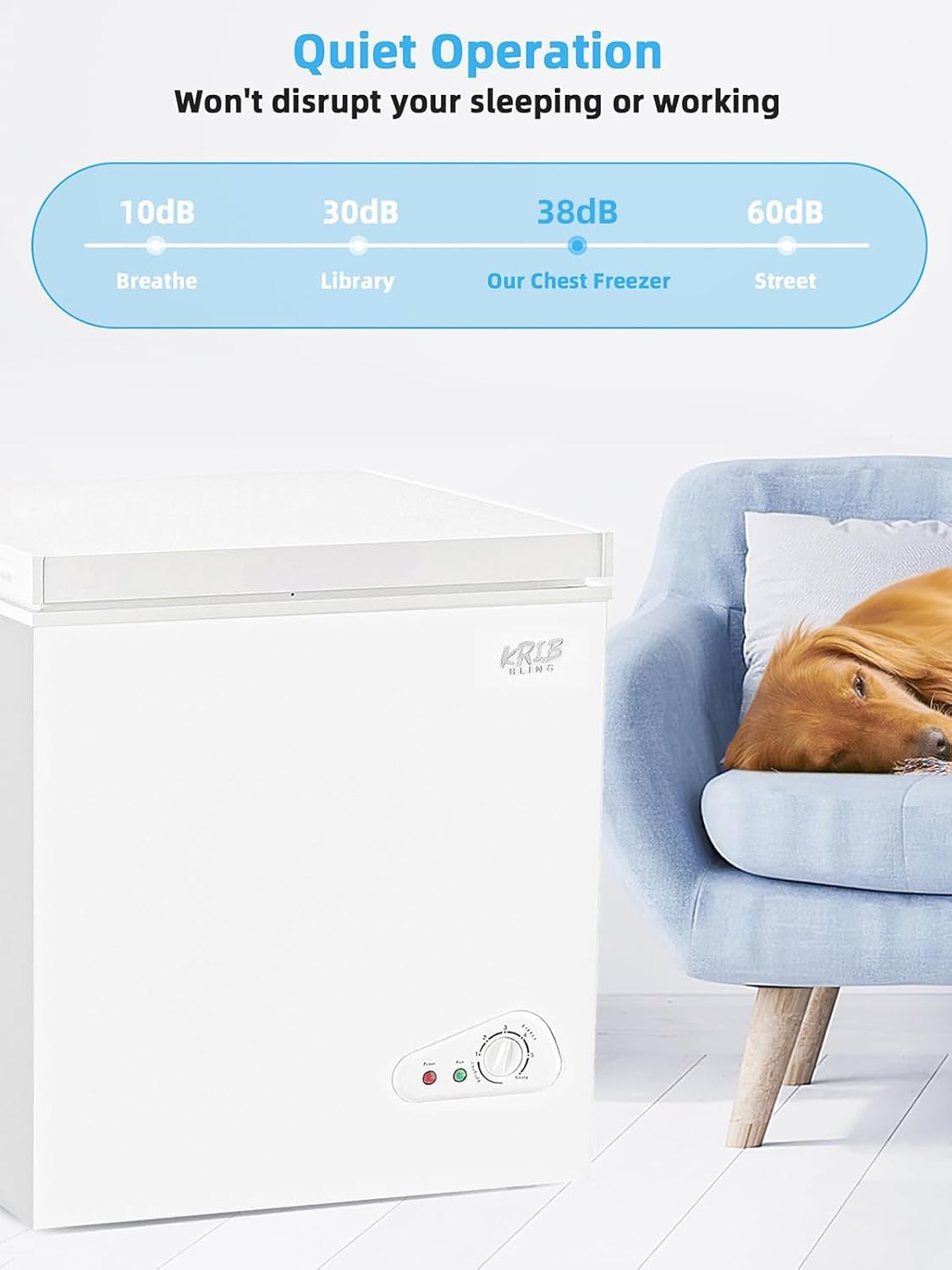 Quiet Operation  
Won't disrupt your sleeping or working  

10dB - Breathe  
30dB - Library  
38dB - Our Chest Freezer  
60dB - Street  

KRIB BLING