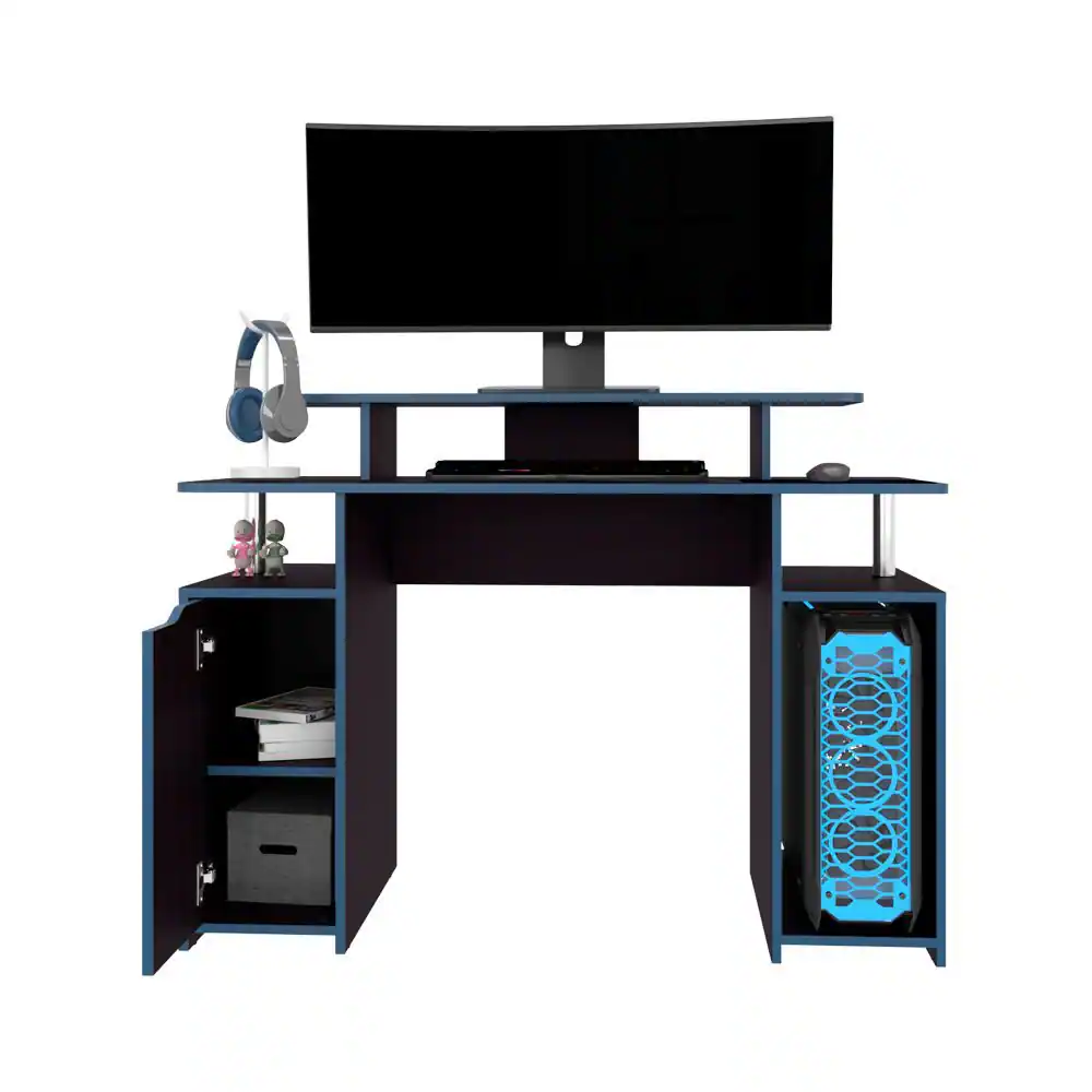 Front. Spaco - Gaming Desk, Large Ergonomic Desktop, Cabinet Shelf CPU Stand - Black.