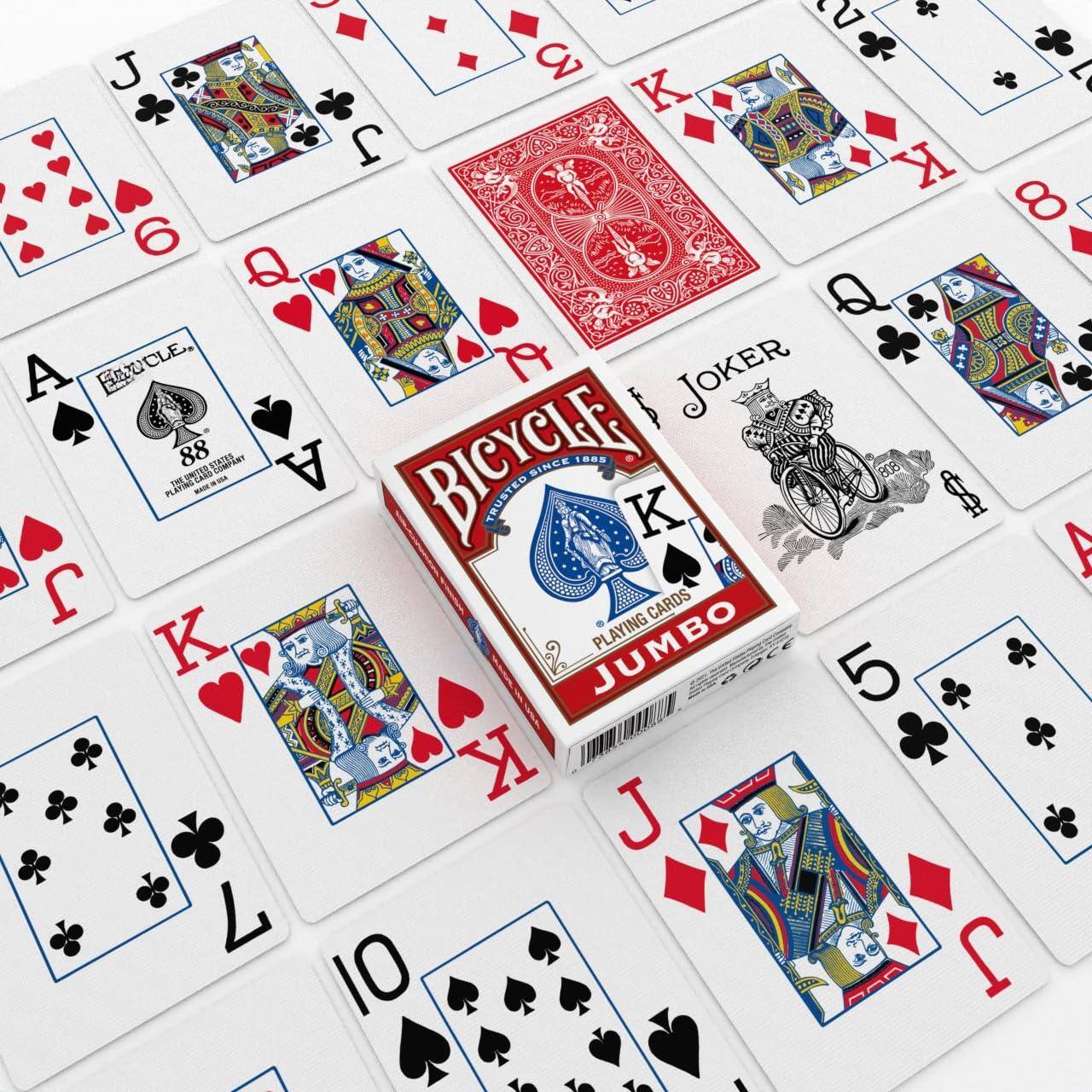 Sure, here is the corrected and grouped text from the image:

- JOKER
- BICYCLE
- SINCE 1885
- A TRUSTED NAME IN CARDS
- JUMBO PLAYING CARDS
- 88
- A FAUCET
- 19
- 6
- Q
- K
- 8
- 5
- 10
- 4
- 3
- 2
- A
- J
- 7
- 9