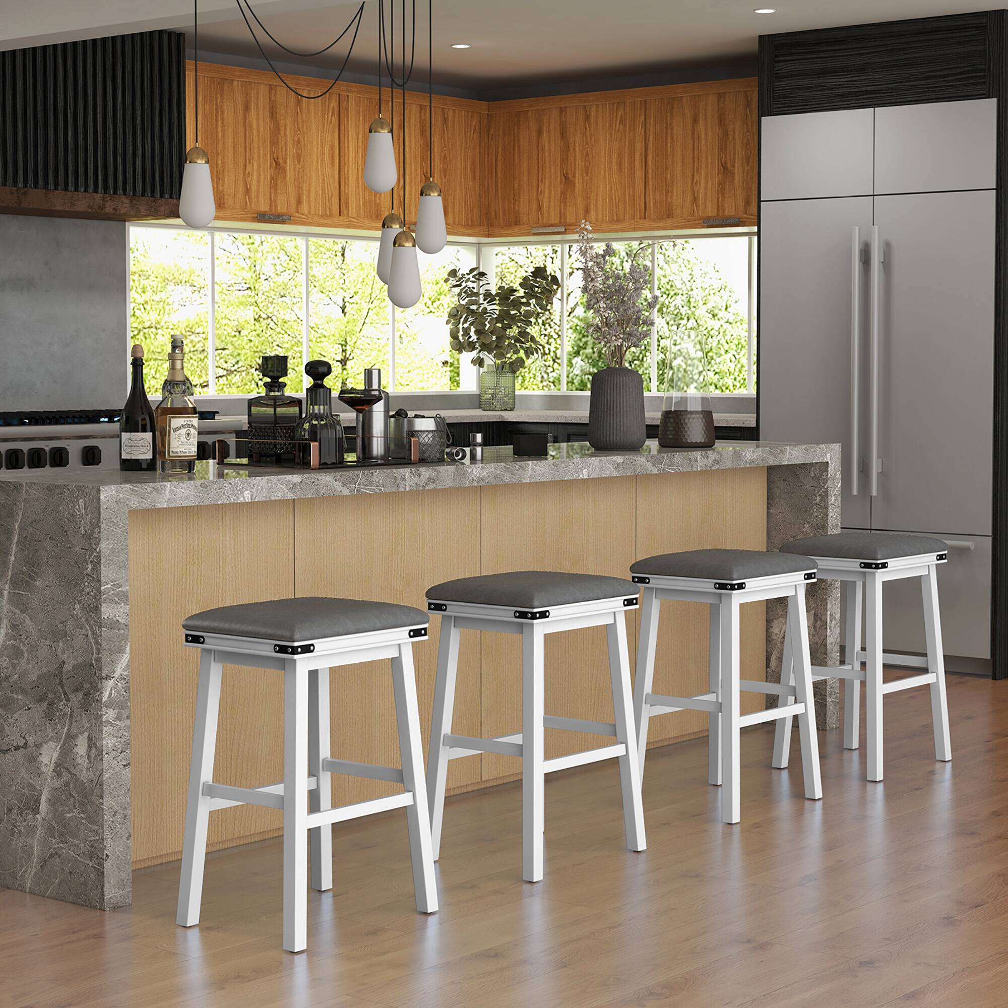 Alt View 1. Gymax - Gymax PU Leather Bar Stools Set of 4 30'' Counter Height Dining Stools w/ Upholstered Seat - White, Gray.