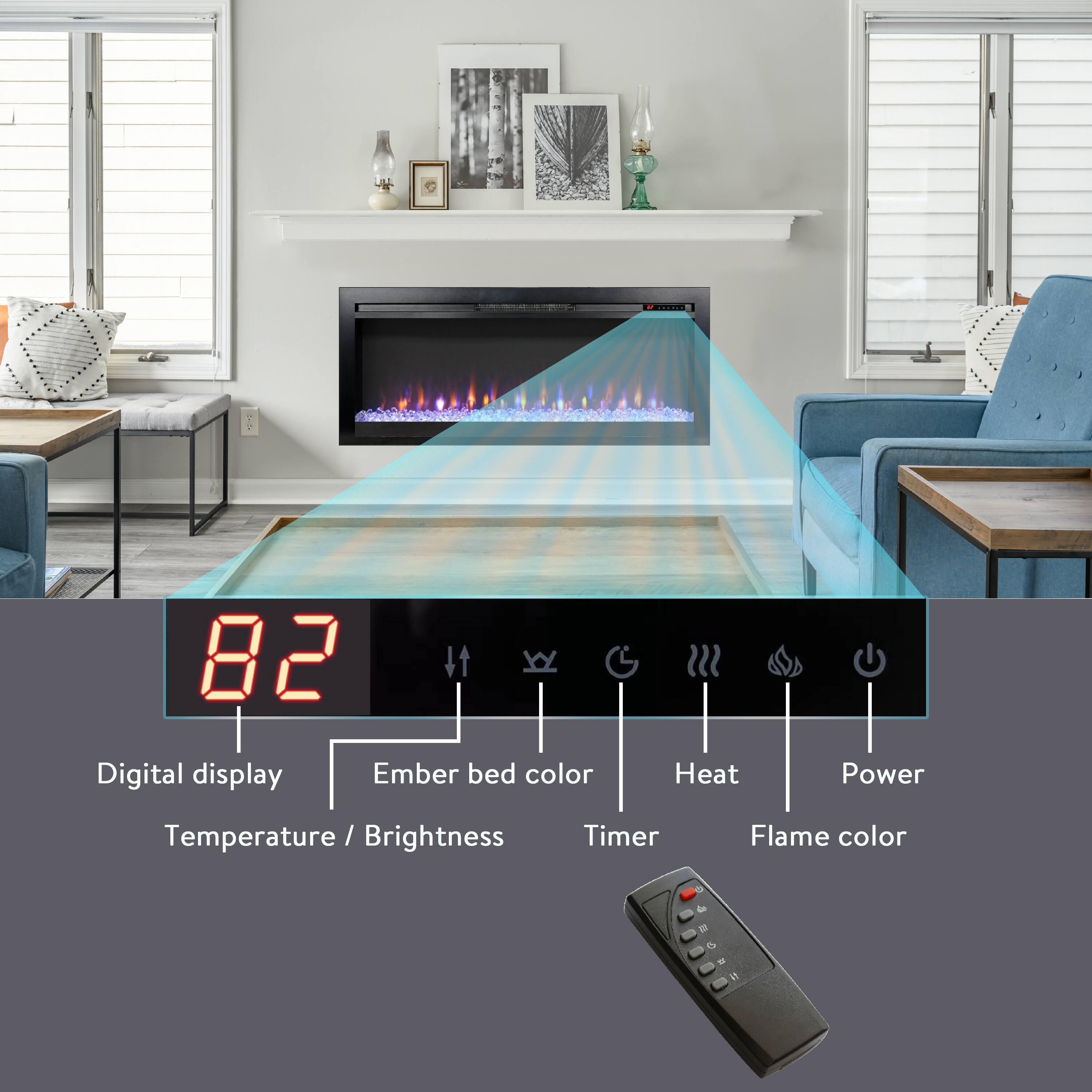 82  
Digital display  
Ember bed color  
Heat  
Power  
Temperature / Brightness  
Timer  
Flame color
