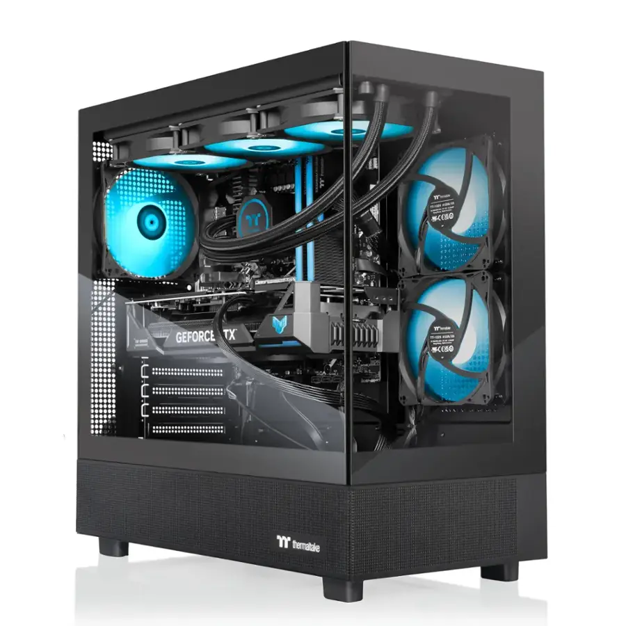 The image features a computer tower with a blue and black color scheme. The tower is equipped with a powerful graphics card, specifically a NVIDIA GeForce GTX 1080, which is designed for high-performance gaming and other demanding tasks. The tower also has a liquid cooling system, which helps to keep the components cool and running efficiently. Additionally, the tower has a large fan on the side, further enhancing its cooling capabilities. Overall, this computer tower is built for maximum performance and reliability.