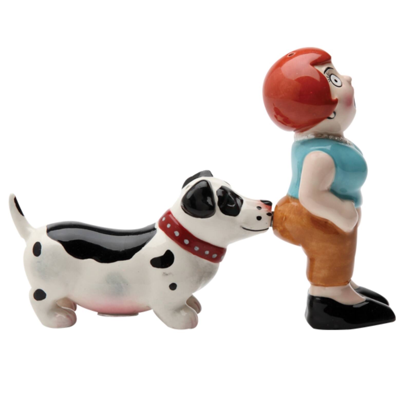 Angle. Pacific Trading - A Lady and A Tramp Magnetic Ceramic Salt and Pepper Shaker Set Dog Biting Woman's Bum - Multicolor.