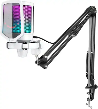 Front. FIFINE - Gaming Microphone and Stand Bundle - USB Cardioid Condenser with RGB - White.