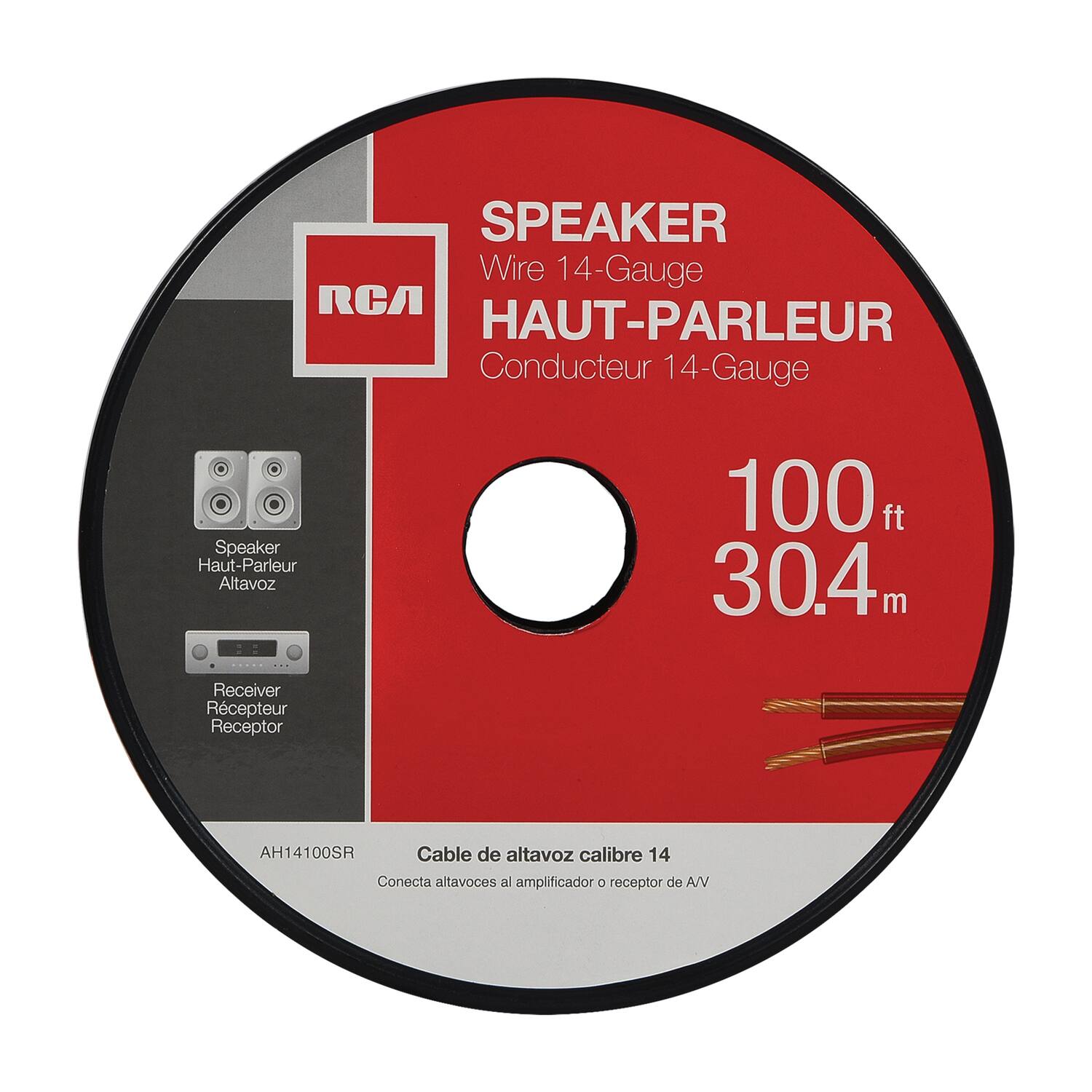 SPEAKER
Wire 14-Gauge
HAUT-PARLEUR
Conducteur 14-Gauge
100 ft
30.4 m
Speaker
Haut-Parleur
Altavoz
Receiver
Recepteur
Receptor
Cable de altavoz calibre 14
Conecta altavoces al amplificador o receptor de A/V
AH14100SR