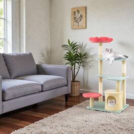 BreeBe - Aesthetic 49-Inch Cat Tree Featuring Layered Levels and Soft Floral Perch - Multicolor
