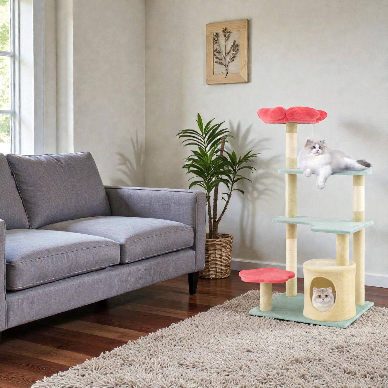 Front. BreeBe - Aesthetic 49-Inch Cat Tree Featuring Layered Levels and Soft Floral Perch - Multicolor.