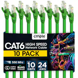 Cmple.com - Cmple - 10 Pack Cat6 Ethernet Cable 3 ft Cat 6 Network Cables, RJ45 Connector 10Gbps, LAN Patch Cord Internet - Green