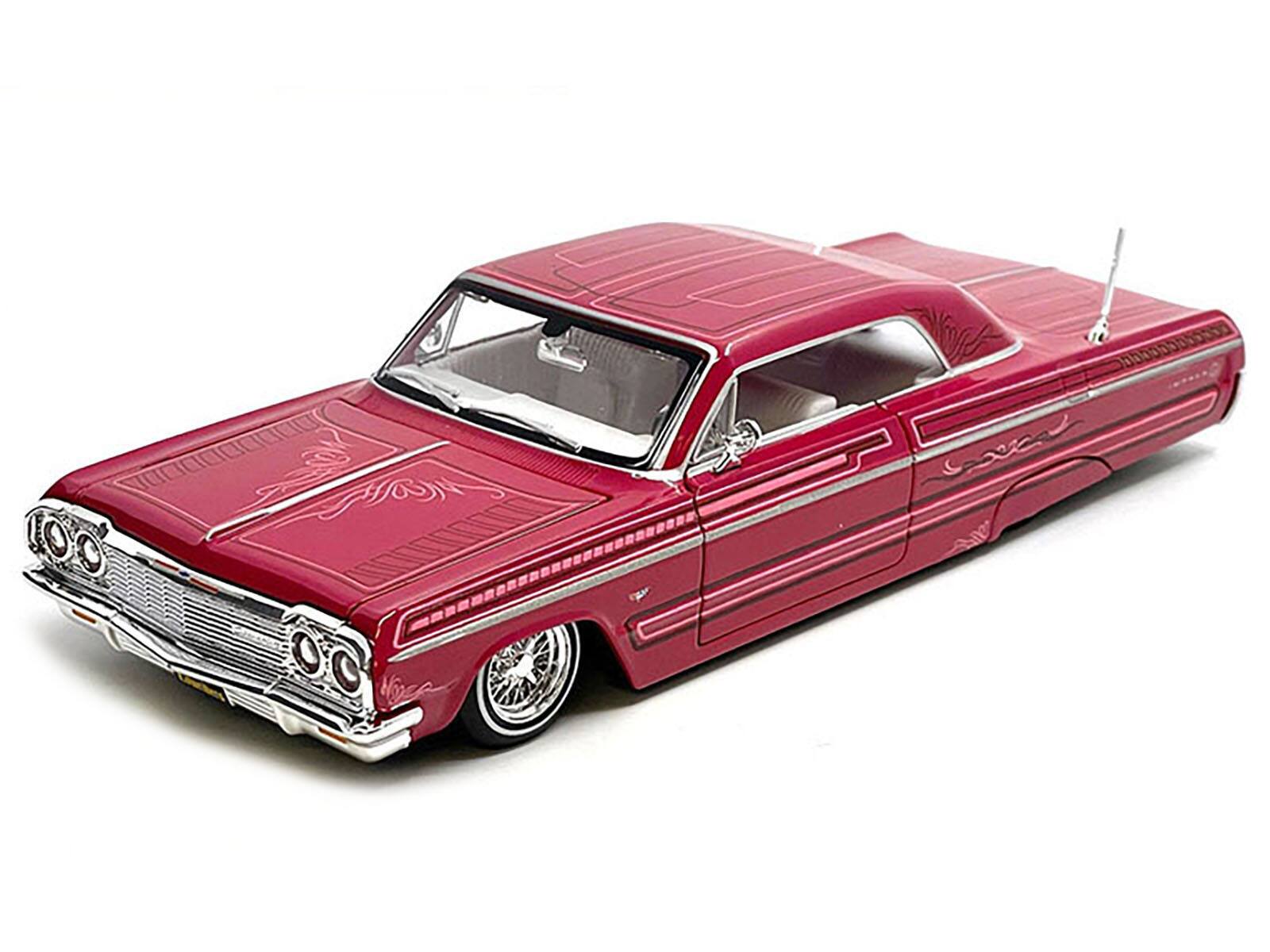 Left. Maisto - 1964 Chevrolet Impala SS Lowrider Pink with Graphics and White Interior "Lowriders" "Maisto Design" Series 1/26 - Multicolor.