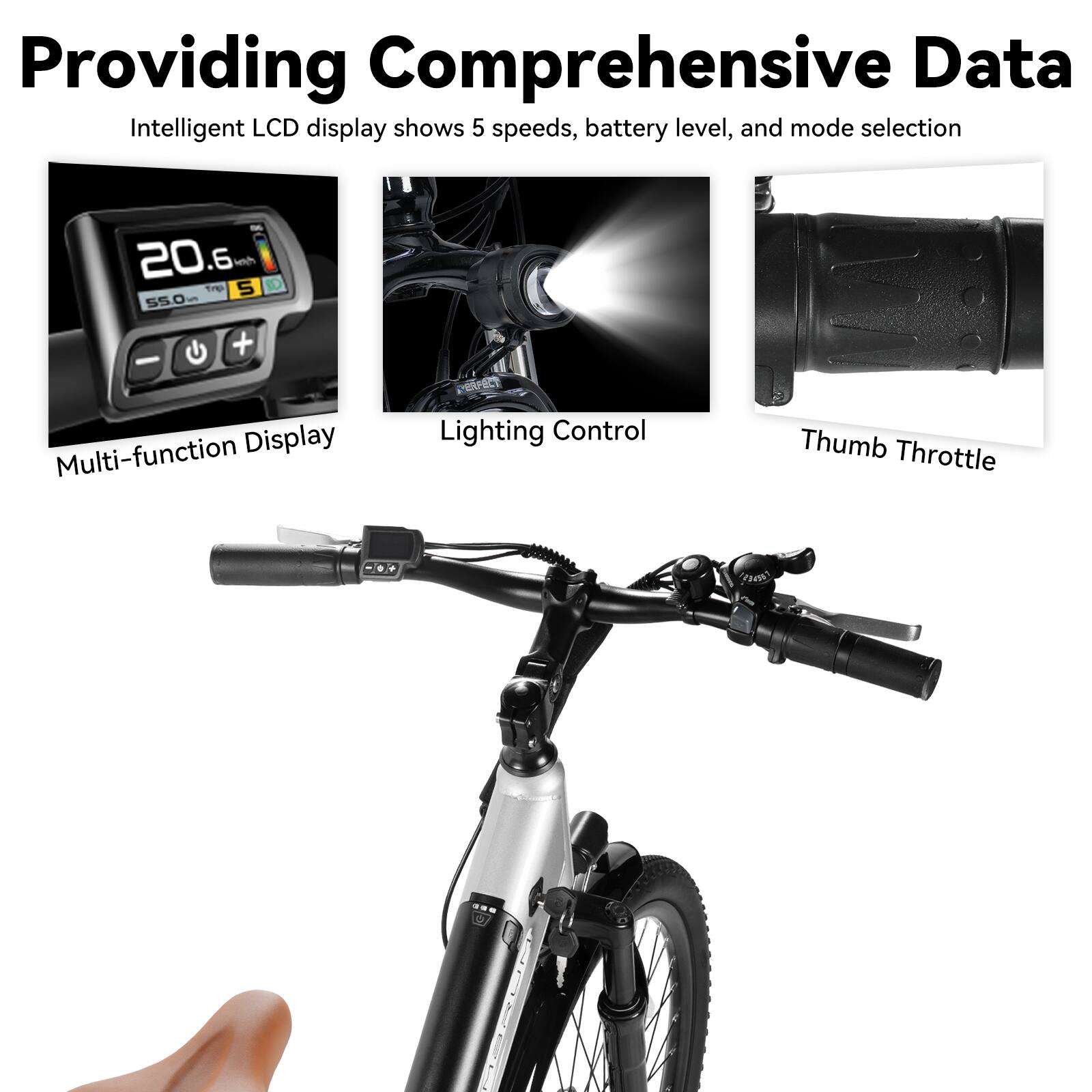 Providing Comprehensive Data  
Intelligent LCD display shows 5 speeds, battery level, and mode selection  
Multi-function Display  
Lighting Control  
Thumb Throttle