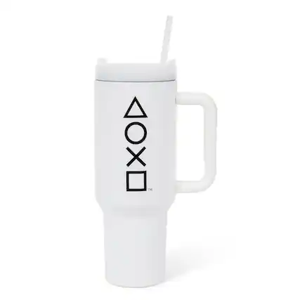 Front. Pyramid America - PlayStation Controller Icons Metal Travel Tumbler | Holds 40 Ounces - White/Black.