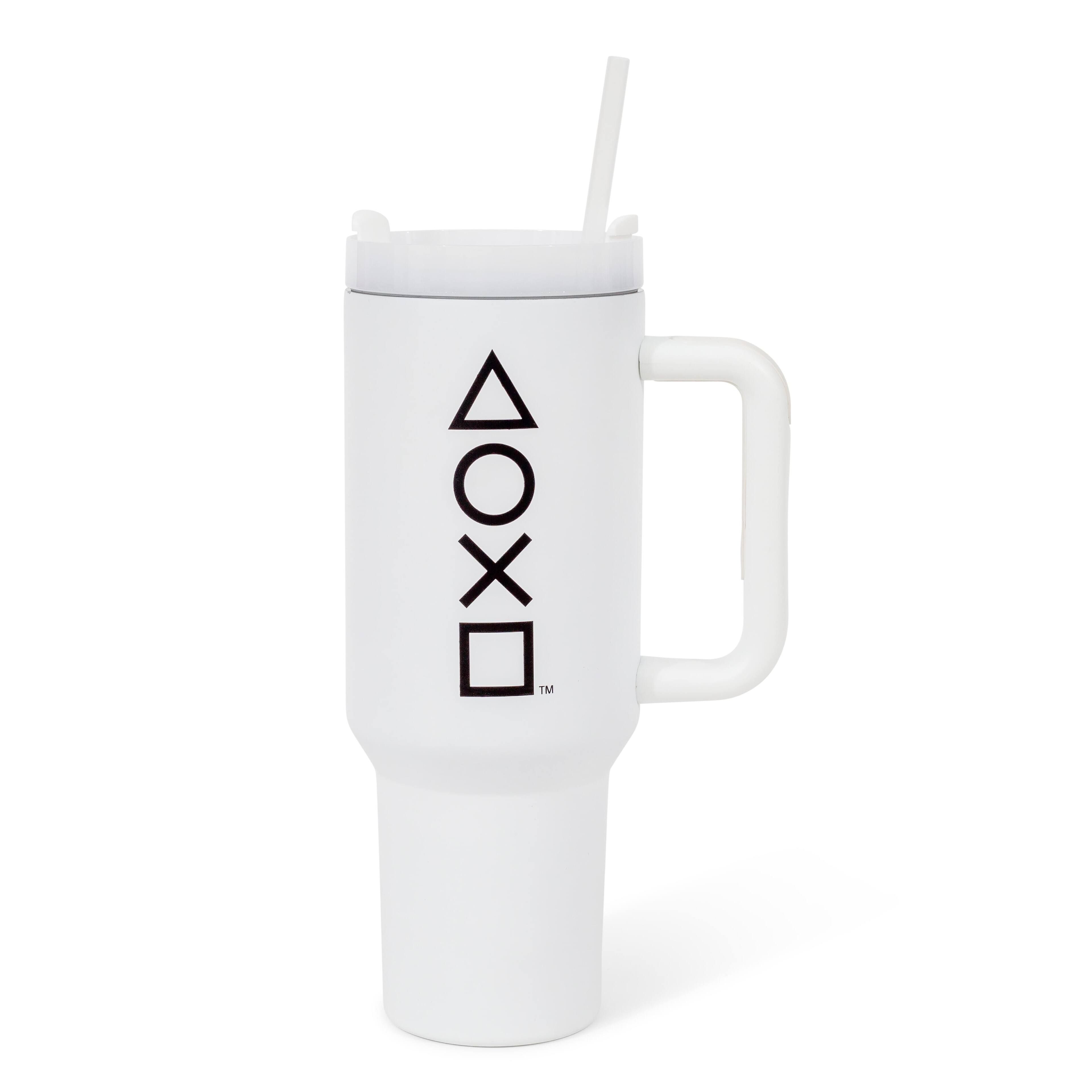 Front. Pyramid America - PlayStation Controller Icons Metal Travel Tumbler | Holds 40 Ounces - White/Black.