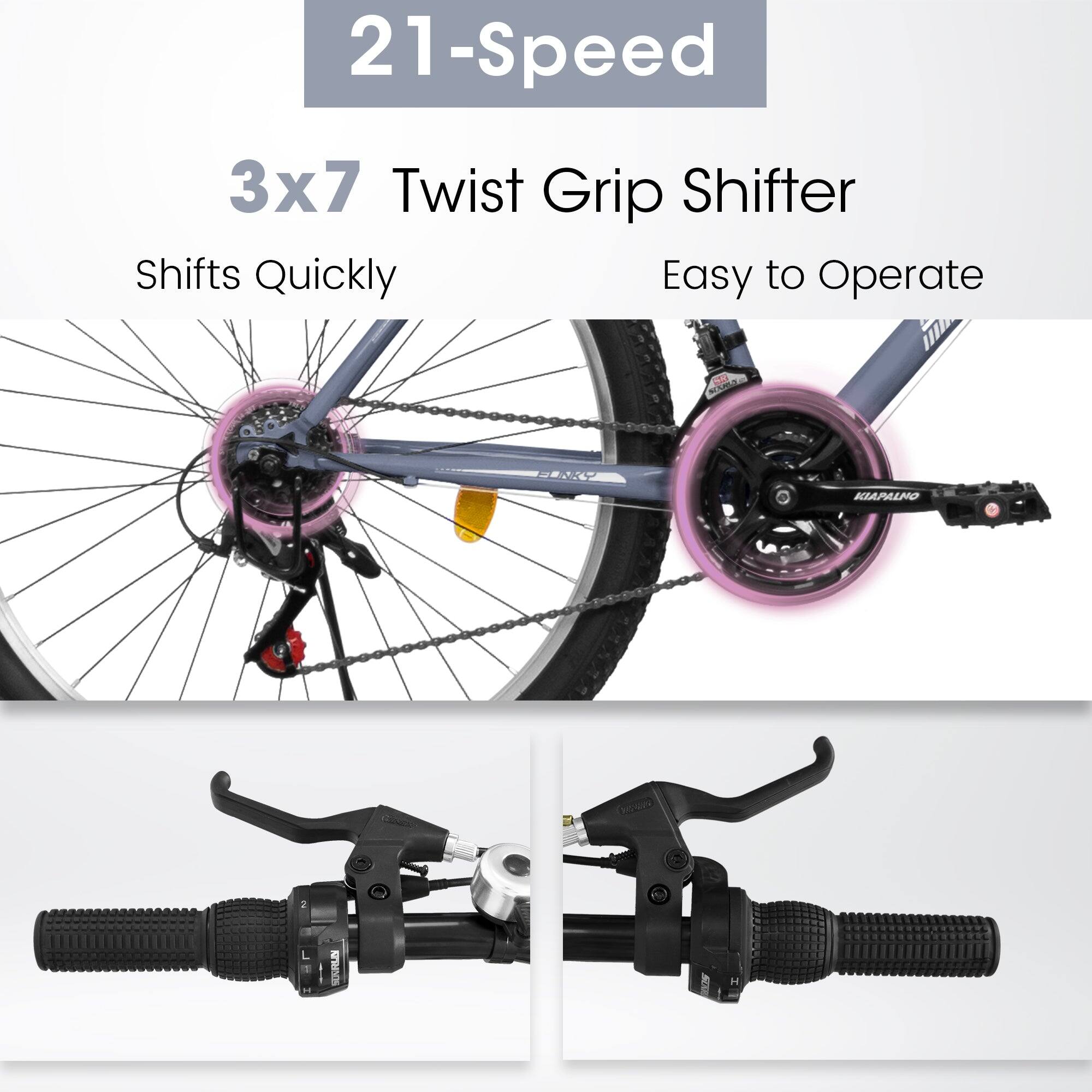 21-Speed  
3x7 Twist Grip Shifter  
Shifts Quickly  
Easy to Operate