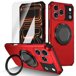 Dteck - Heavy Duty Ring Stand Case for Apple iPhone 17 Pro Max,Shockproof Rugged PC TPU Phone Cover + Tempered Glass Flim - Red