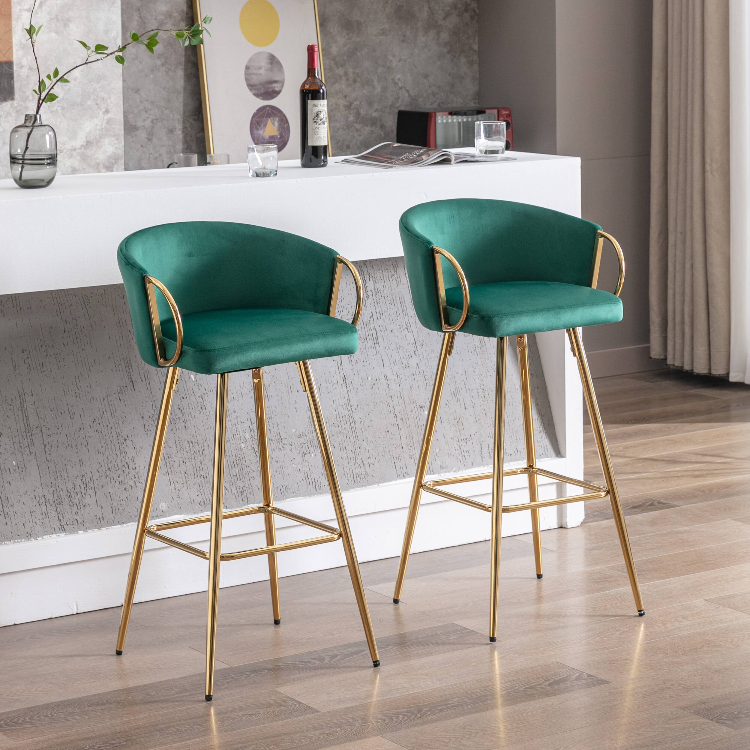 Alt View 6. APRILSOUL - 30 Inch Set of 2 Bar Stools Chrome Footrest Base Velvet Golden Leg Simple GREEN - Green.