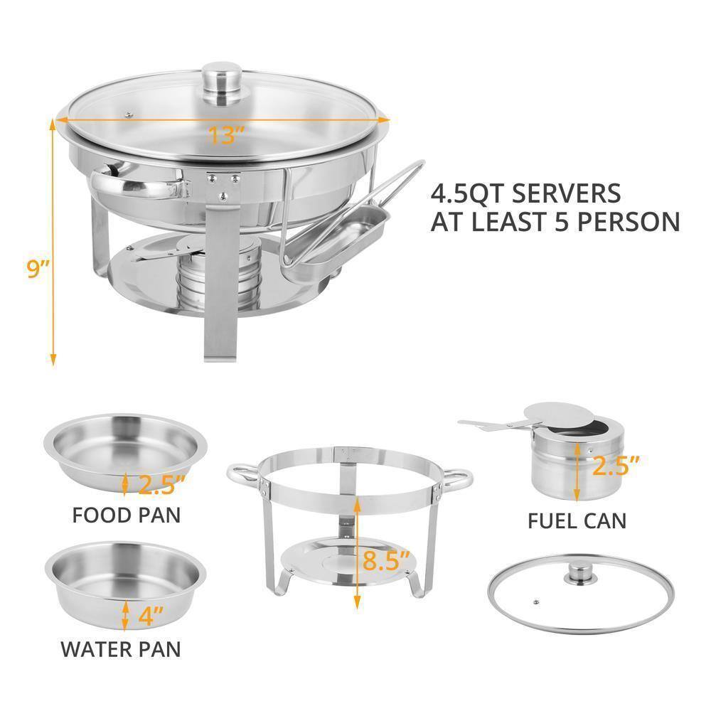 13" 4.5QT SERVERS AT LEAST 5 PERSON  
9"  
FOOD PAN 2.5"  
WATER PAN 4"  
FUEL CAN 2.5"  
8.5"